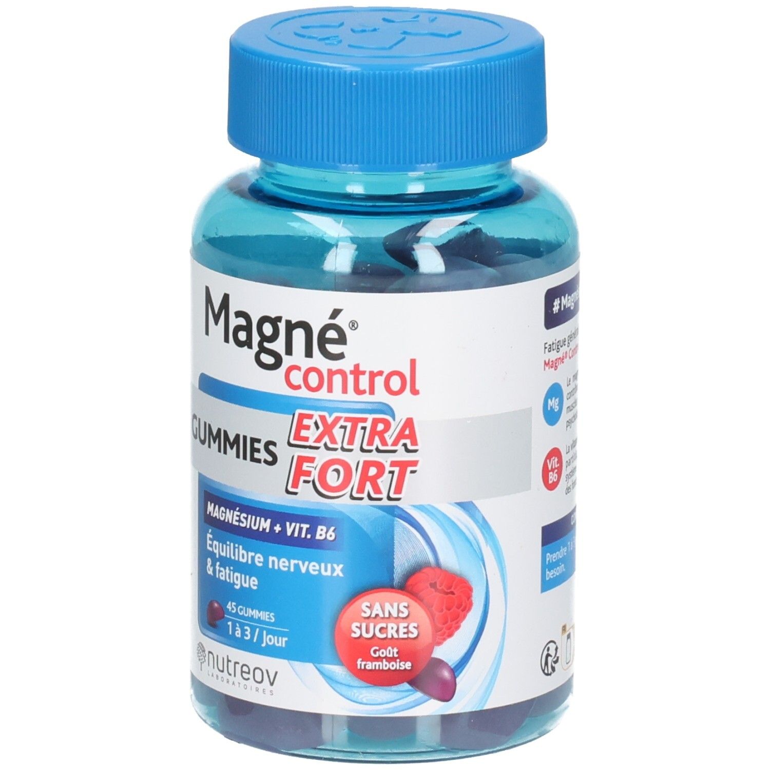 Flacon Nutreov Magné Control Extra Fort Gummis, sans sucre, goût framboise.