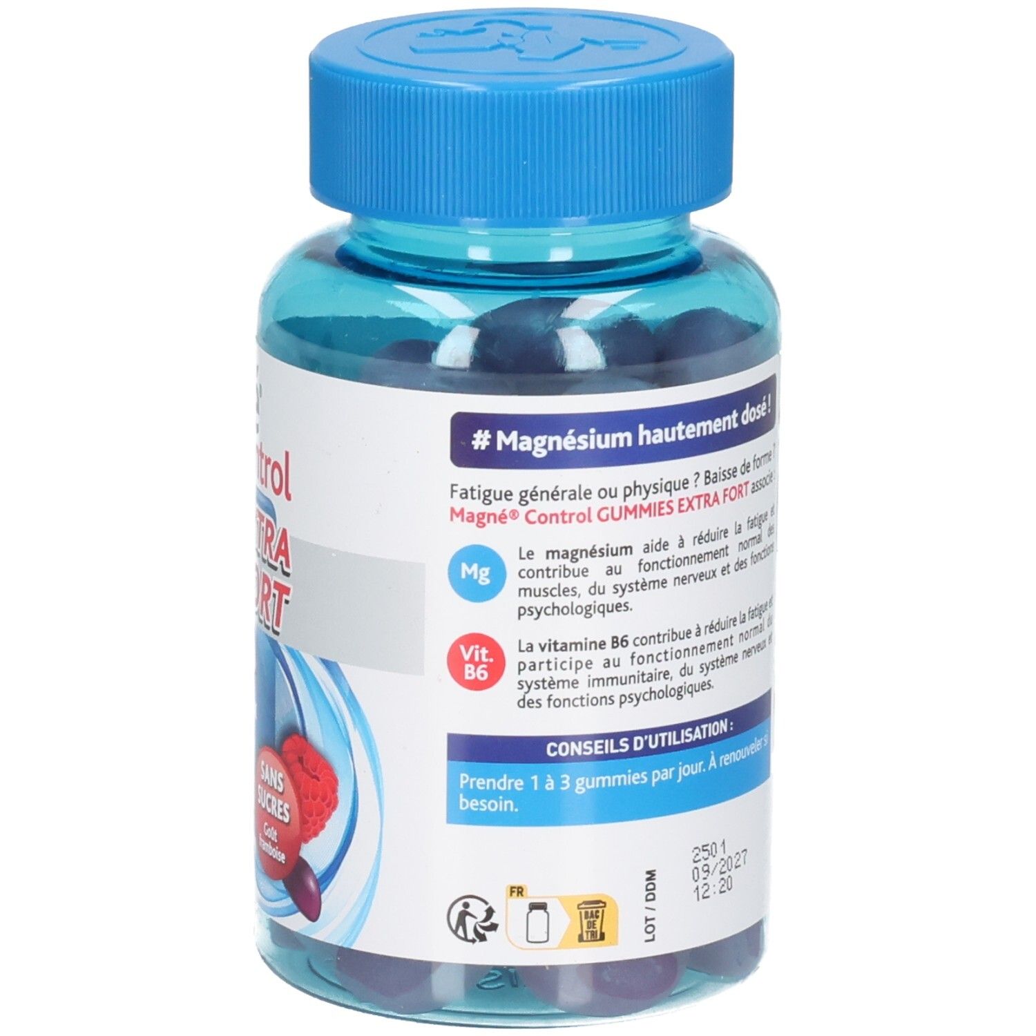 Arrière d'un flacon Nutreov Magné Control Extra Fort Gummis avec conseils d'utilisation.