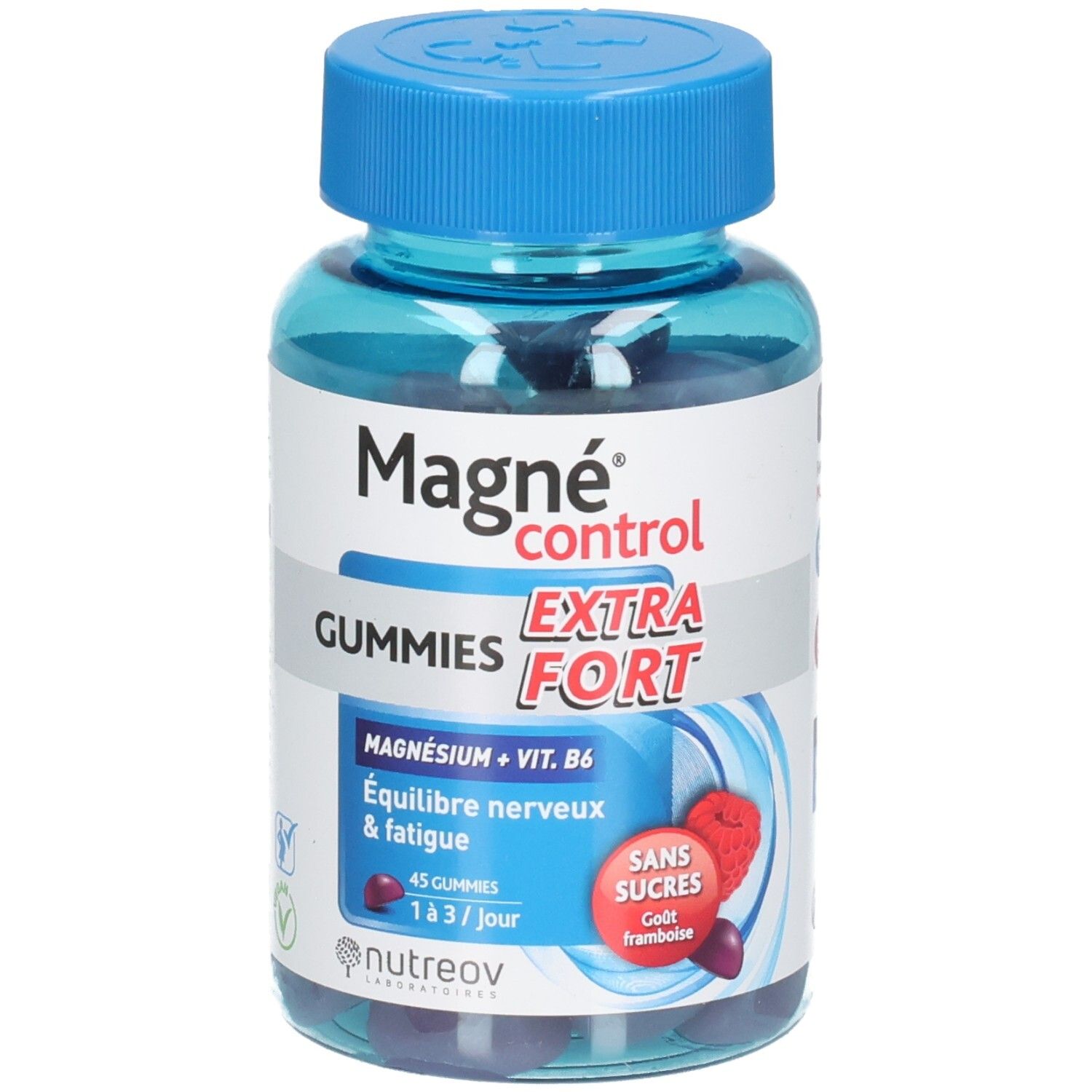 Flacon Nutreov Magné Control Extra Fort Gummis, sans sucre, goût framboise.