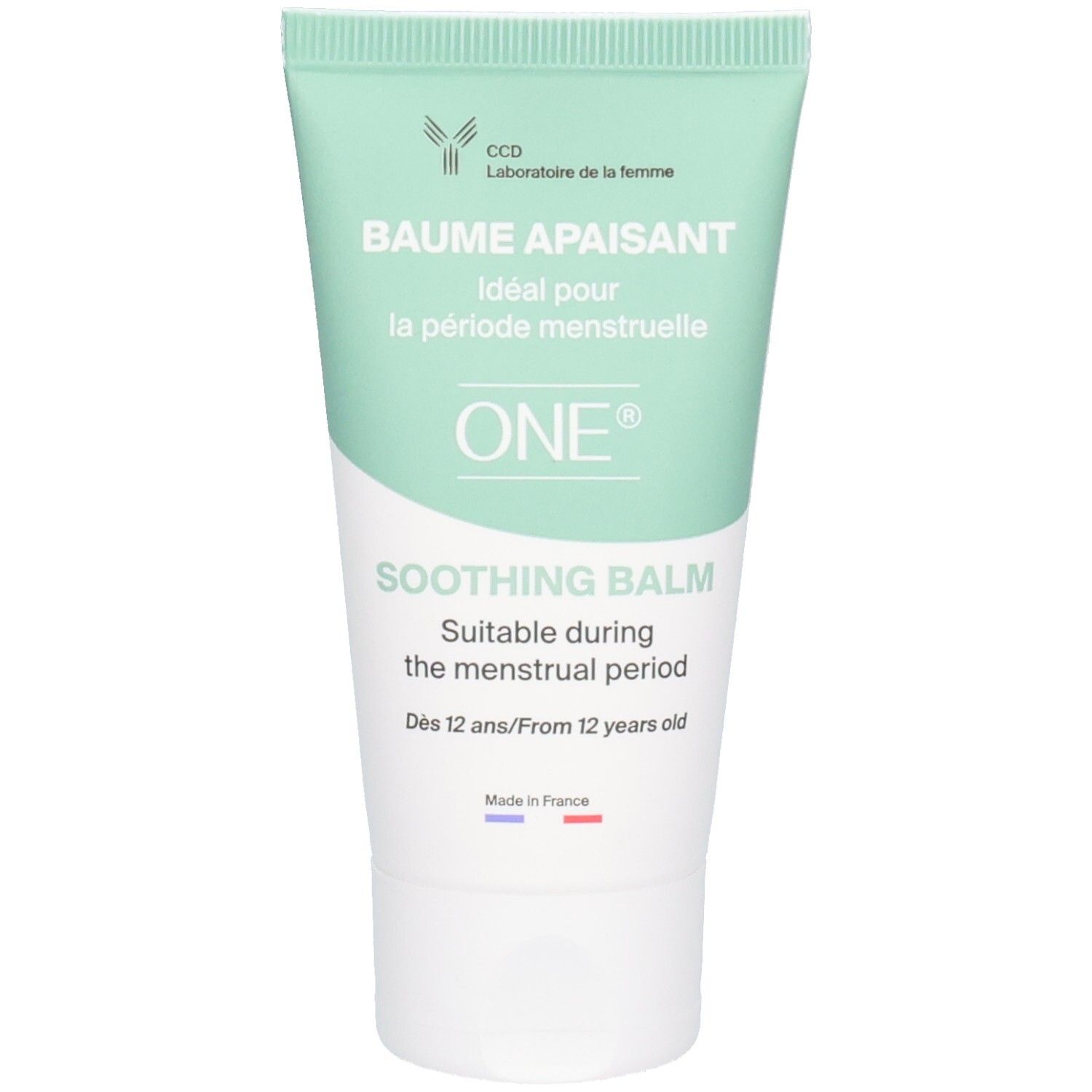 Tube blanc et menthe. Inscription: BAUME APAISANT, ONE, SOOTHING BALM. Idéal pour la période menstruelle. Dès 12 ans.