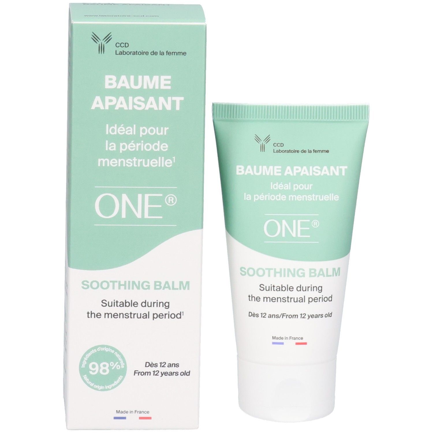 Emballage et tube. Emballage: BAUME APAISANT, ONE, SOOTHING BALM. Idéal pour la période menstruelle. Dès 12 ans.