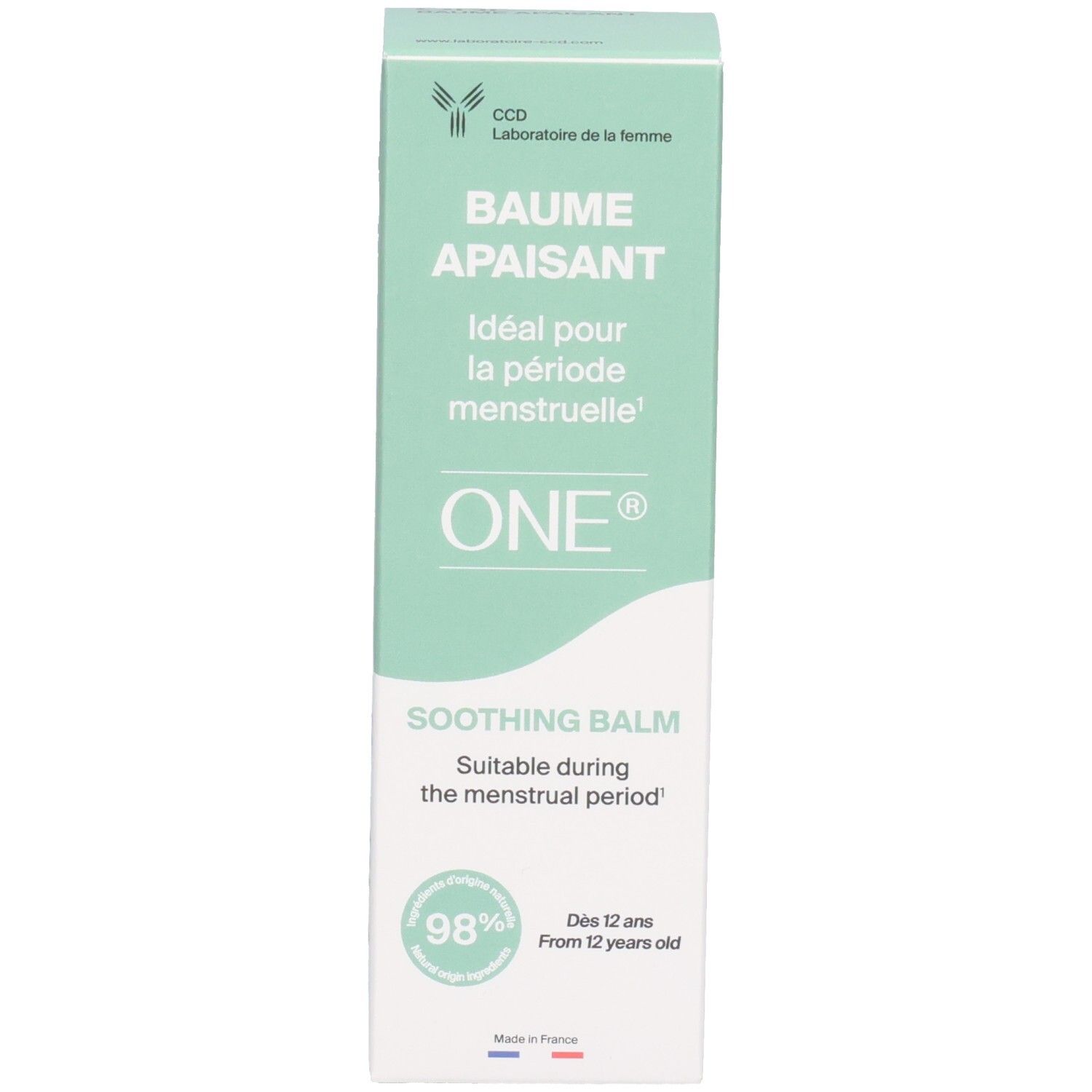Emballage du produit. Inscription: BAUME APAISANT, ONE, SOOTHING BALM. Idéal pour la période menstruelle. Dès 12 ans.