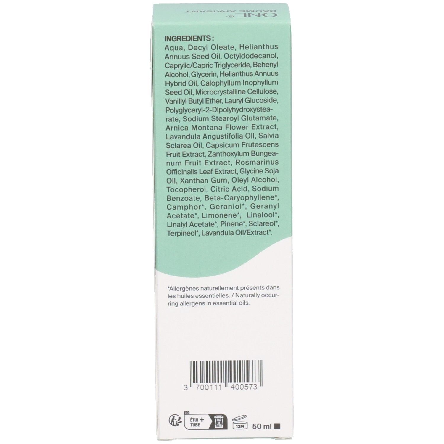 Emballage du produit. Liste des ingrédients: Aqua, Decyl Oleate, Helianthus Annuus Seed Oil, etc. 50 ml. Allergènes dans huiles essentielles.