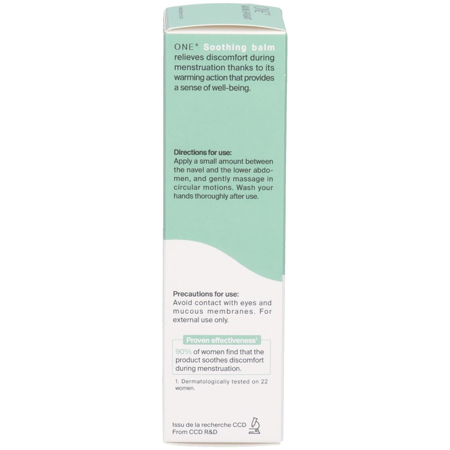 Emballage du produit. Texte: ONE Soothing balm soulage l'inconfort pendant les règles. Mode d'emploi. Laboratoire CCD.