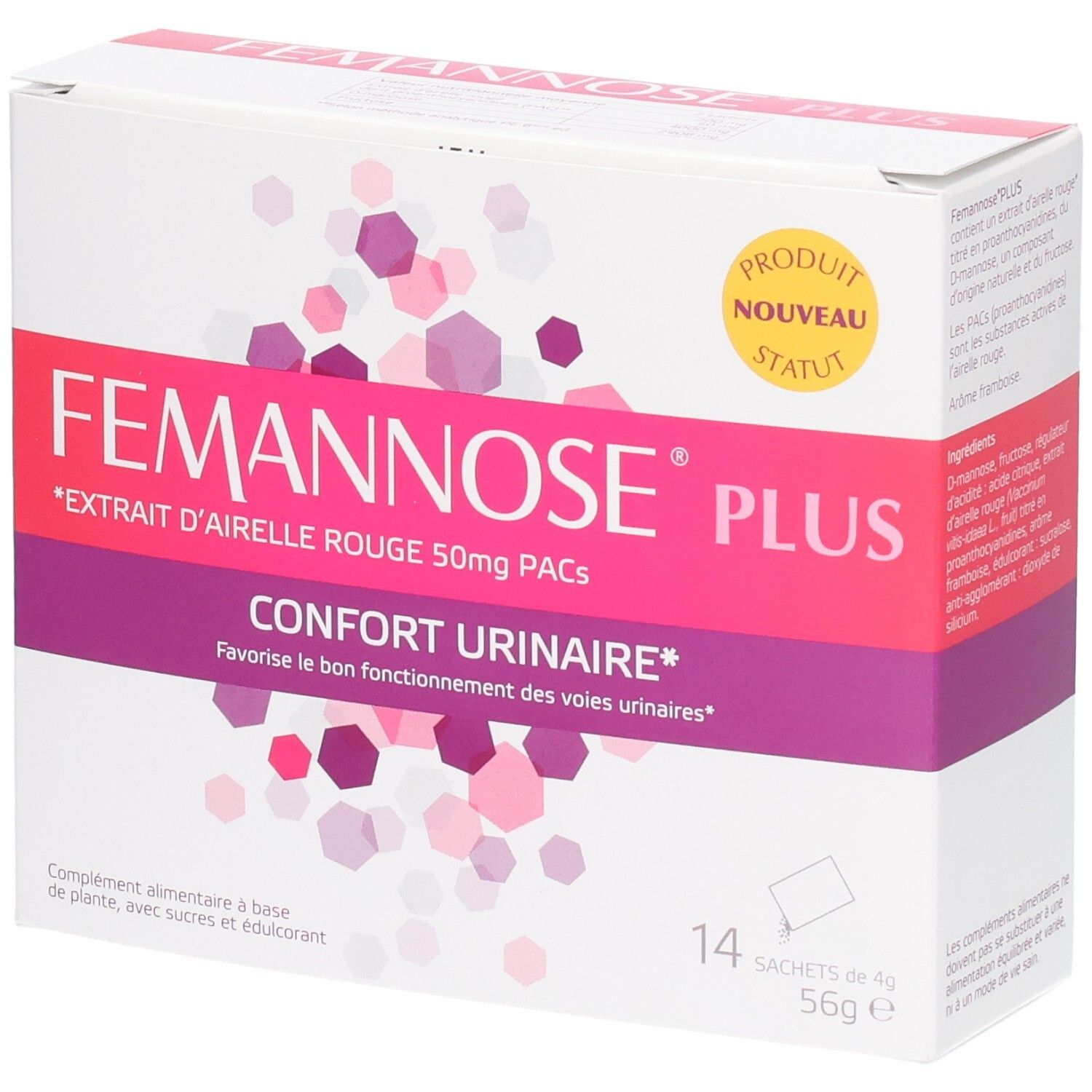 Boîte blanche avec accents roses et violets. Inscription: FEMANNOSE PLUS, Confort Urinaire. 14 sachets.