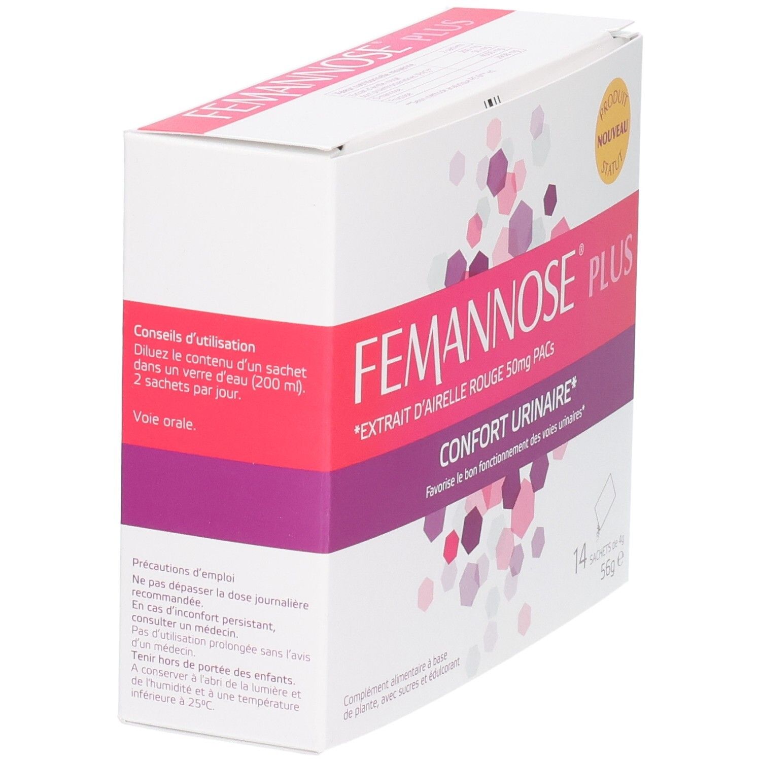 Boîte blanche inclinée avec accents roses et violets. Inscription: FEMANNOSE PLUS. 14 sachets.
