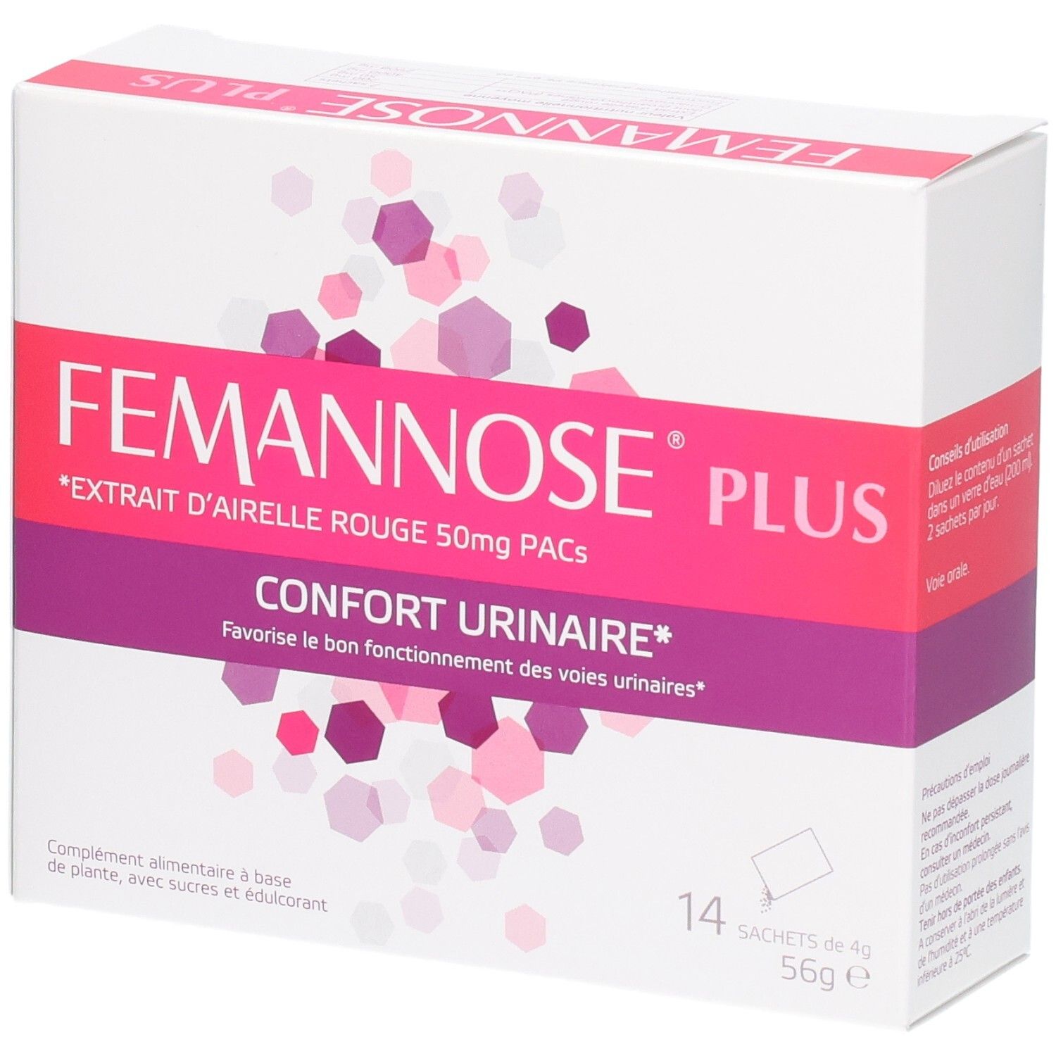 Boîte blanche avec accents roses et violets. Inscription: FEMANNOSE PLUS, Confort Urinaire. 14 sachets.