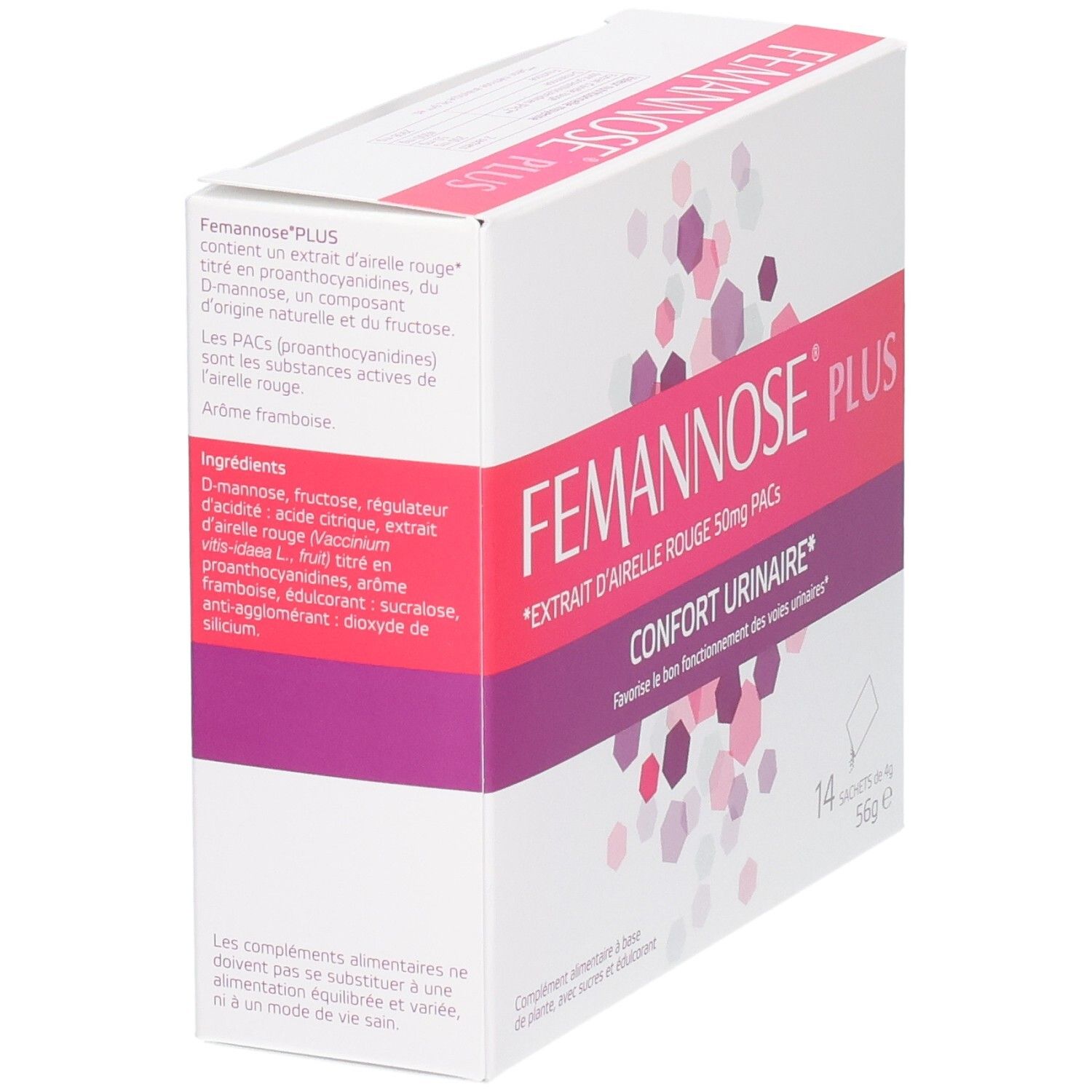 Boîte blanche inclinée avec accents roses et violets. Inscription: FEMANNOSE PLUS. 14 sachets.
