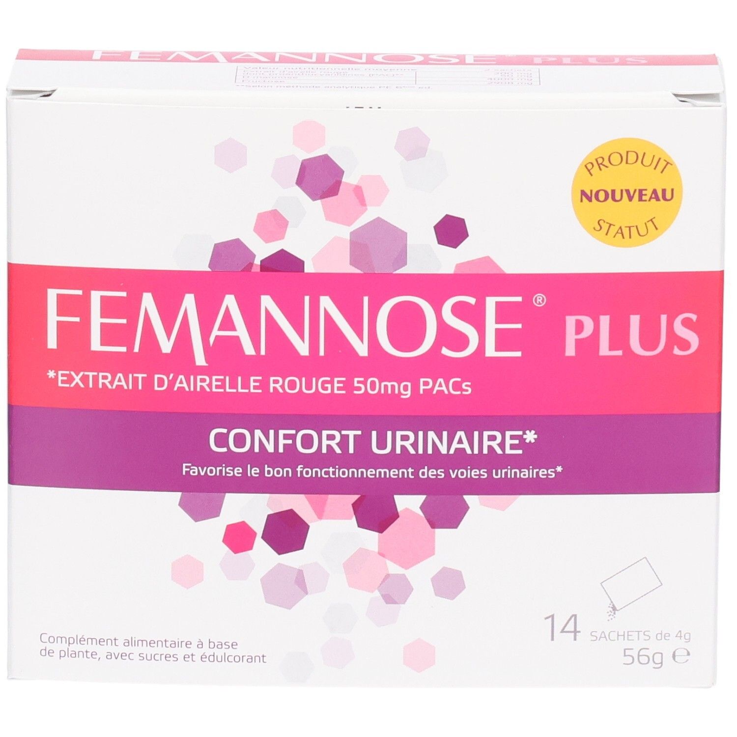 Boîte blanche avec accents roses et violets. Inscription: FEMANNOSE PLUS, Confort Urinaire. 14 sachets.