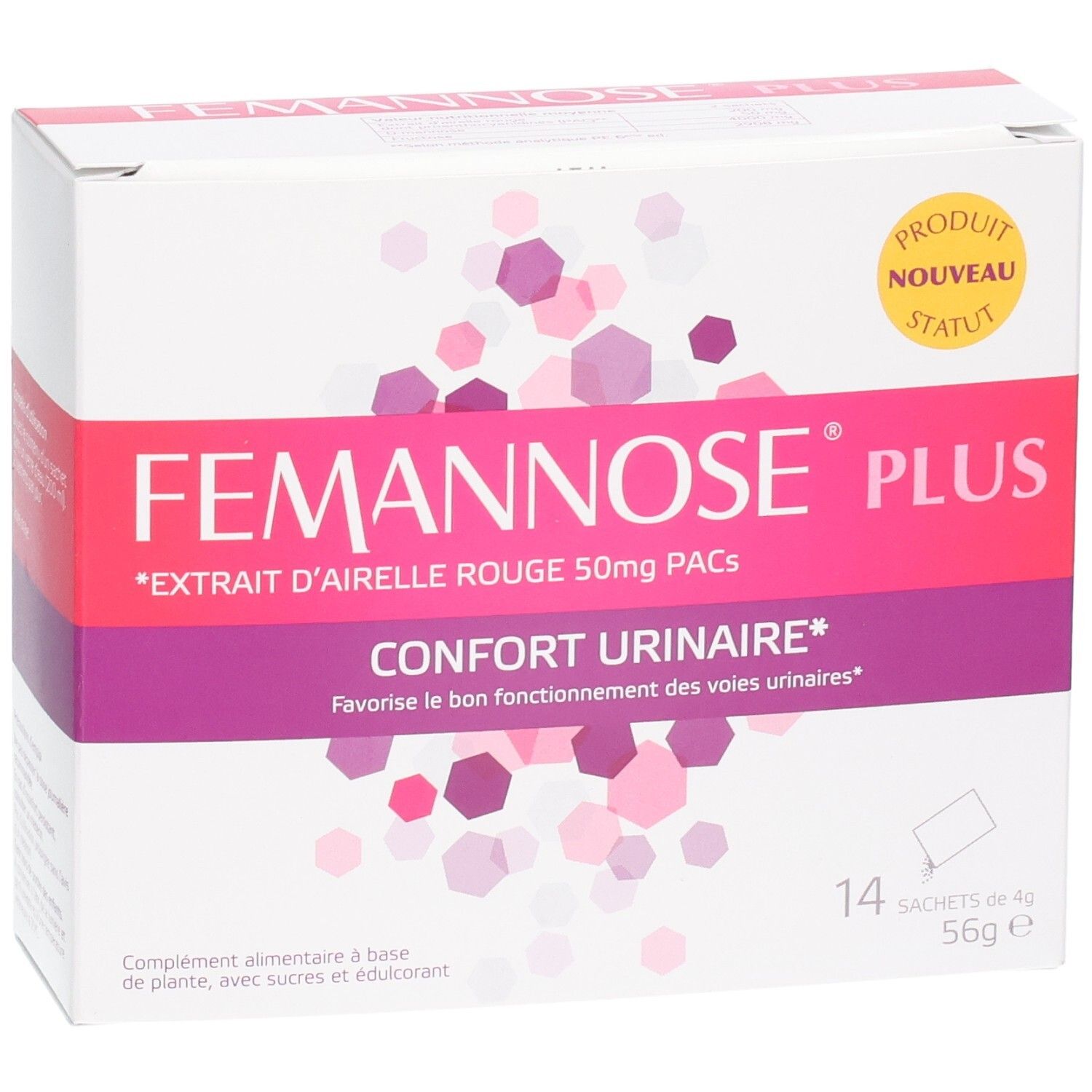 Boîte blanche avec accents roses et violets. Inscription: FEMANNOSE PLUS, Confort Urinaire. 14 sachets.