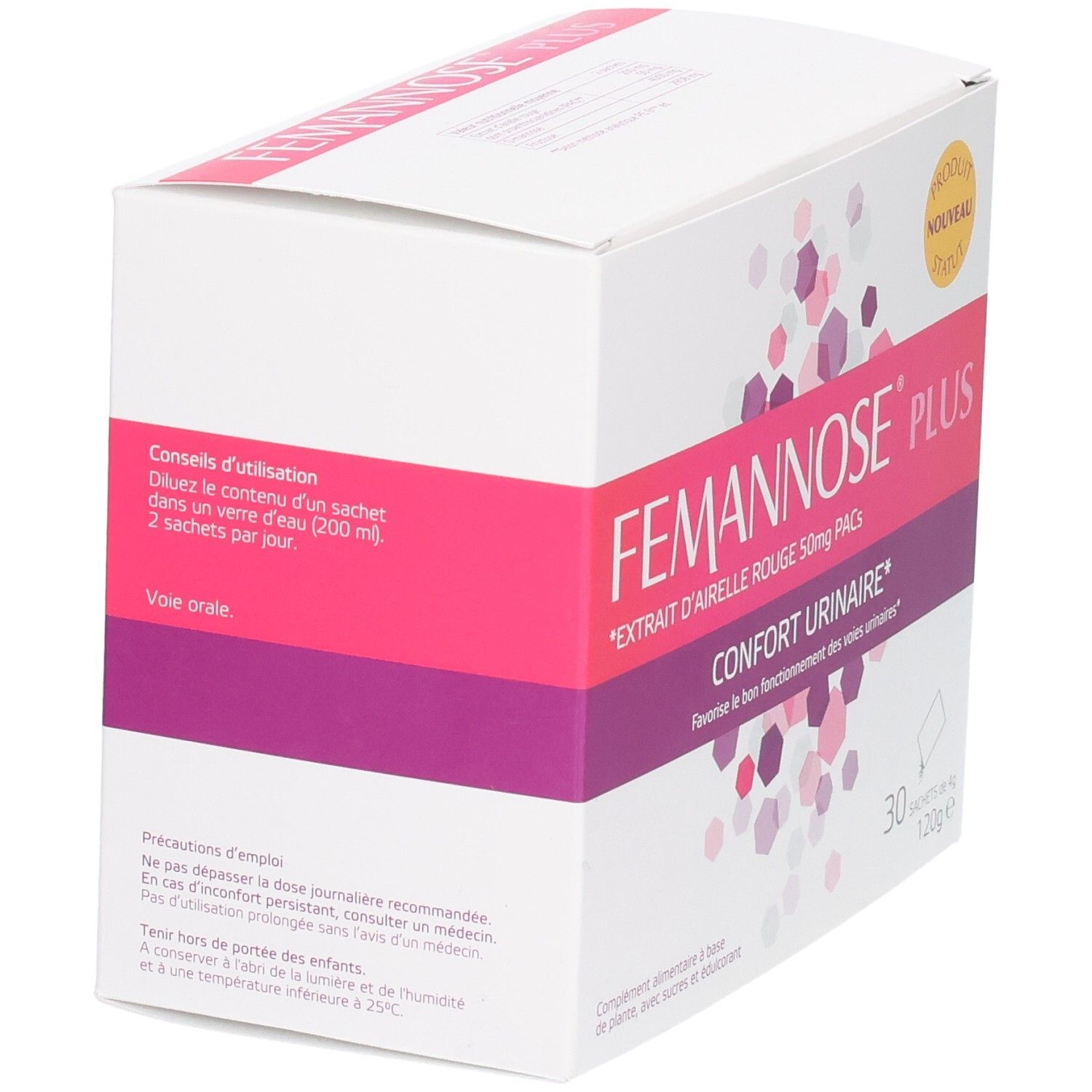 Boîte blanche FEMANNOSE PLUS en biais. Inscriptions roses et violettes. 30 sachets.