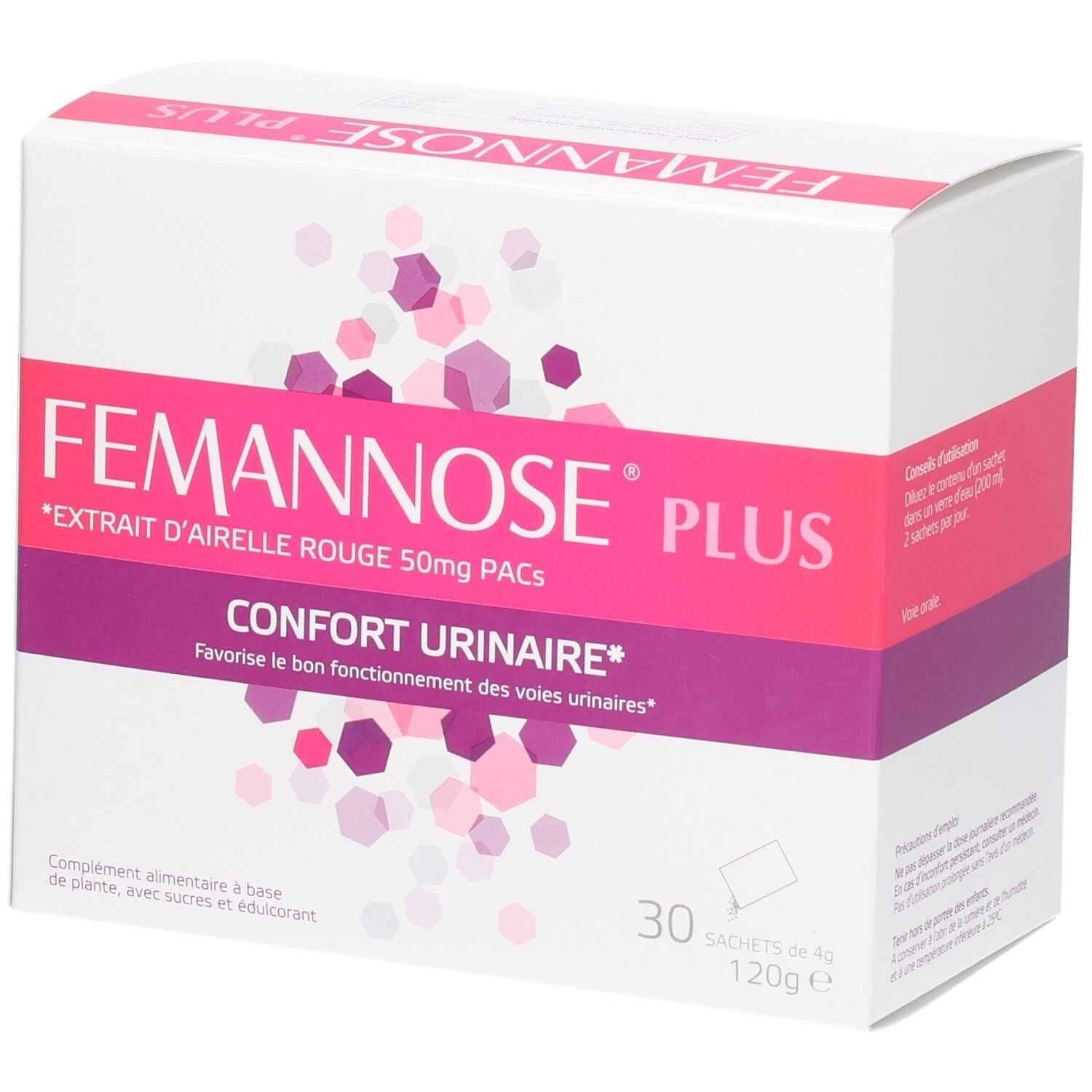 Boîte blanche FEMANNOSE PLUS. Inscriptions roses et violettes. 30 sachets. Vue rapprochée.