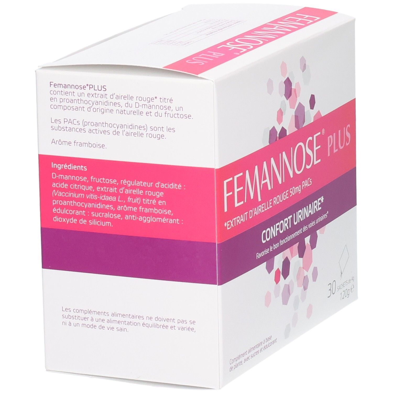 Boîte FEMANNOSE PLUS avec informations sur les ingrédients. Inscriptions roses et violettes. 30 sachets.