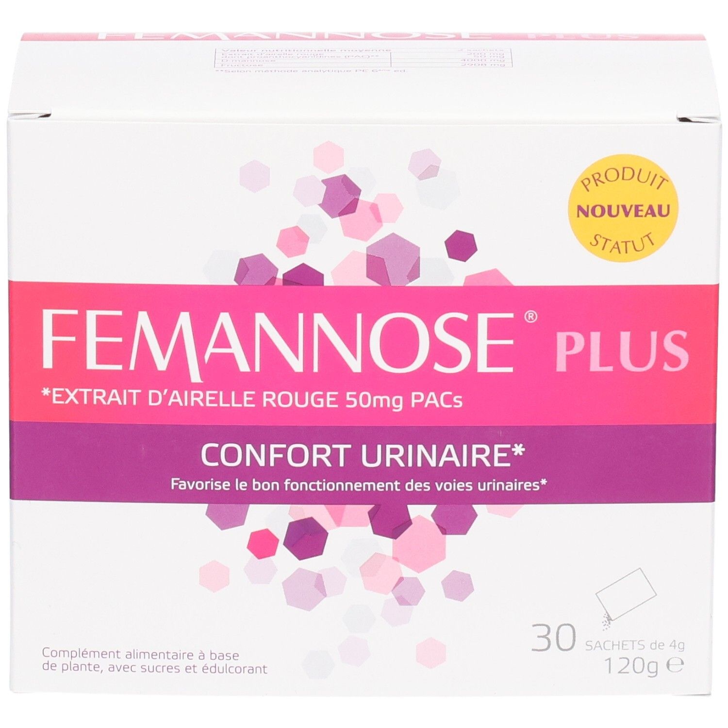 Boîte blanche FEMANNOSE PLUS. Inscriptions roses et violettes. 30 sachets. Mention 'Produit nouveau'.