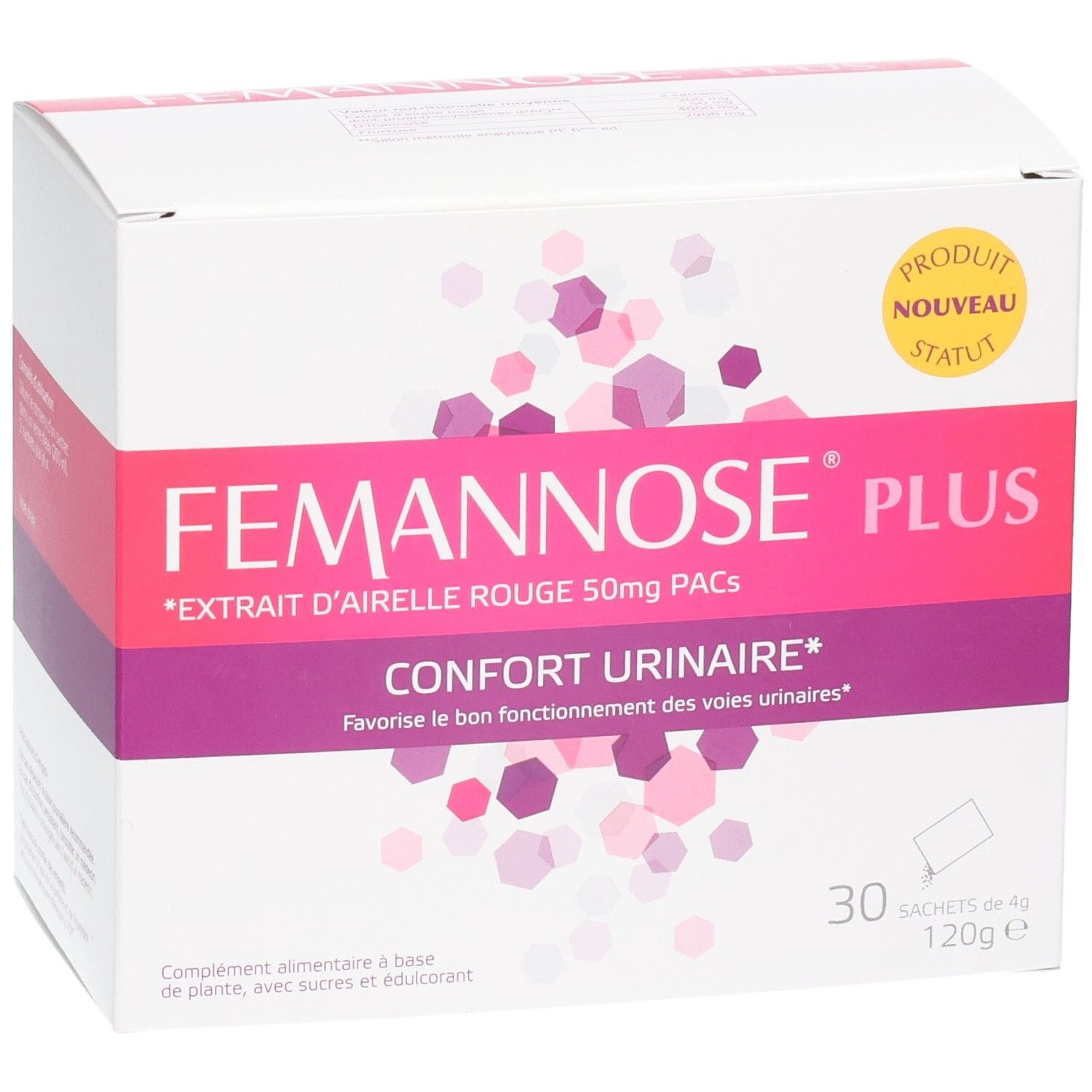 Boîte blanche FEMANNOSE PLUS. Inscriptions roses et violettes. 30 sachets. Mention 'Produit nouveau'.