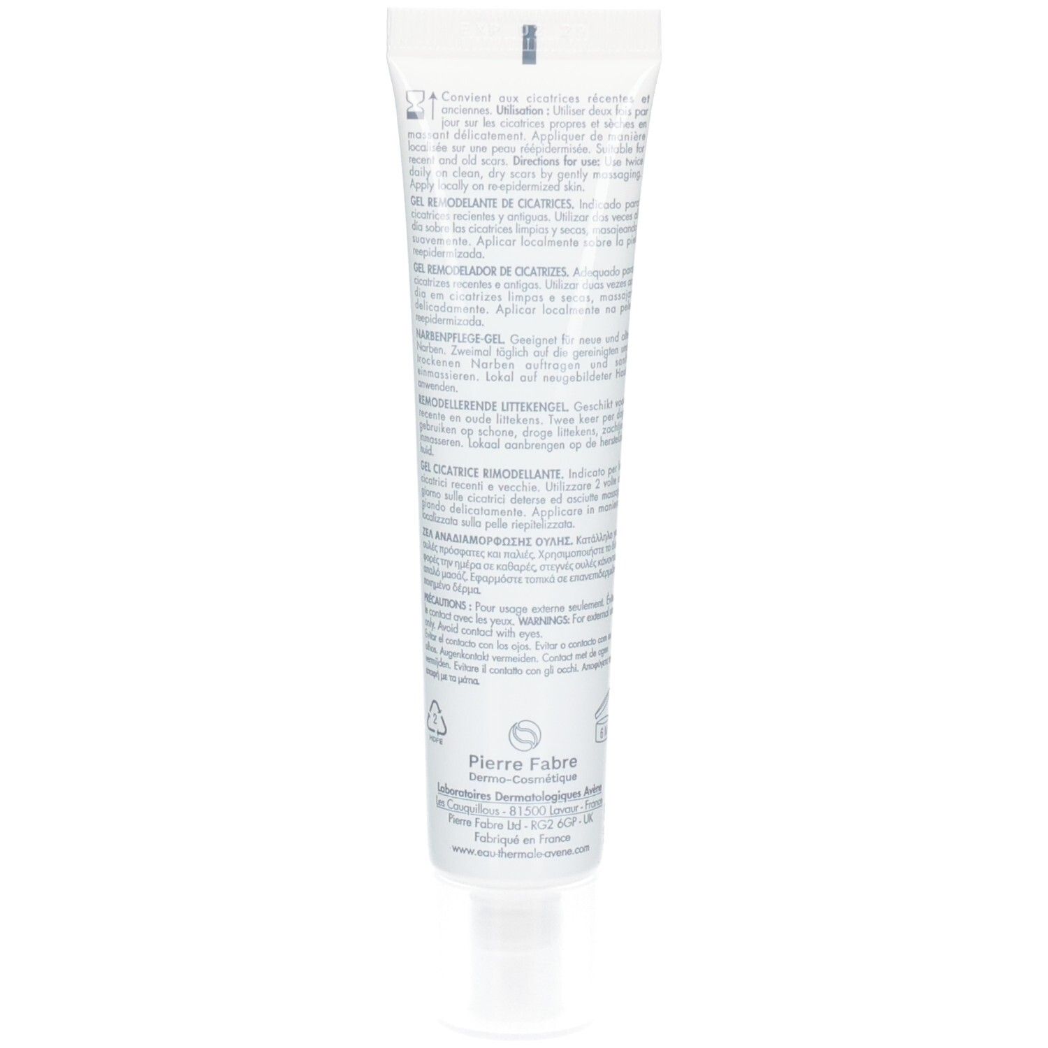 Dos du tube Avène Cicalfate+ Gel Cicatrice avec instructions.