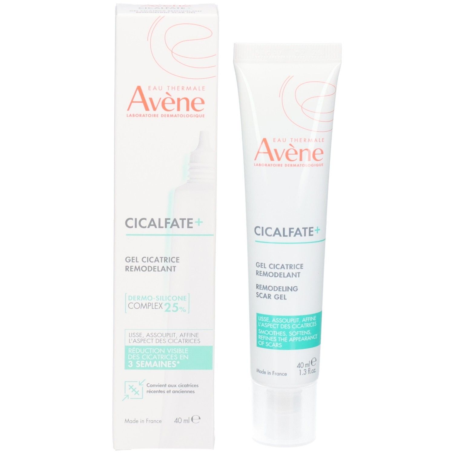 Tube et boîte Avène Cicalfate+ Gel Cicatrice, avec informations produit.