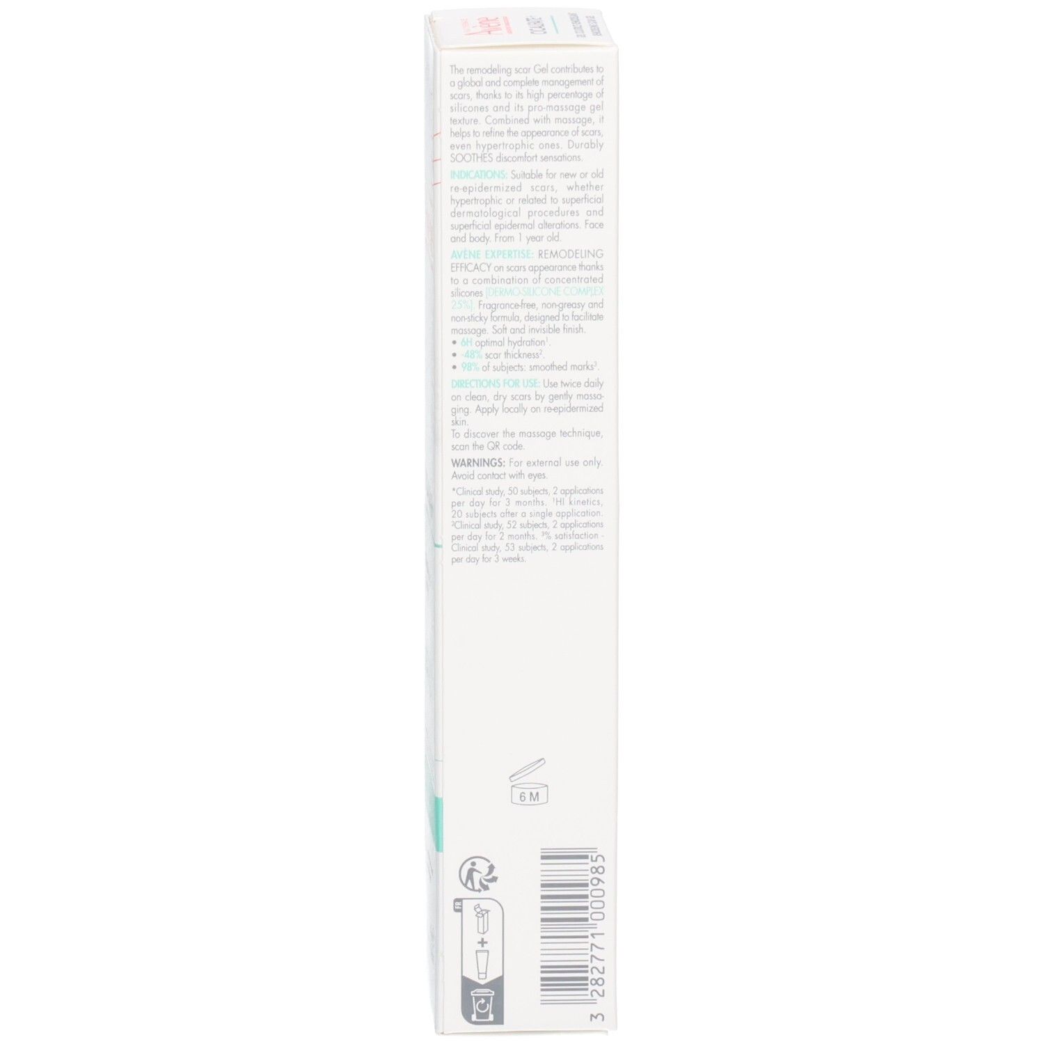Vue latérale de la boîte Avène Cicalfate+ Gel Cicatrice avec code-barres.