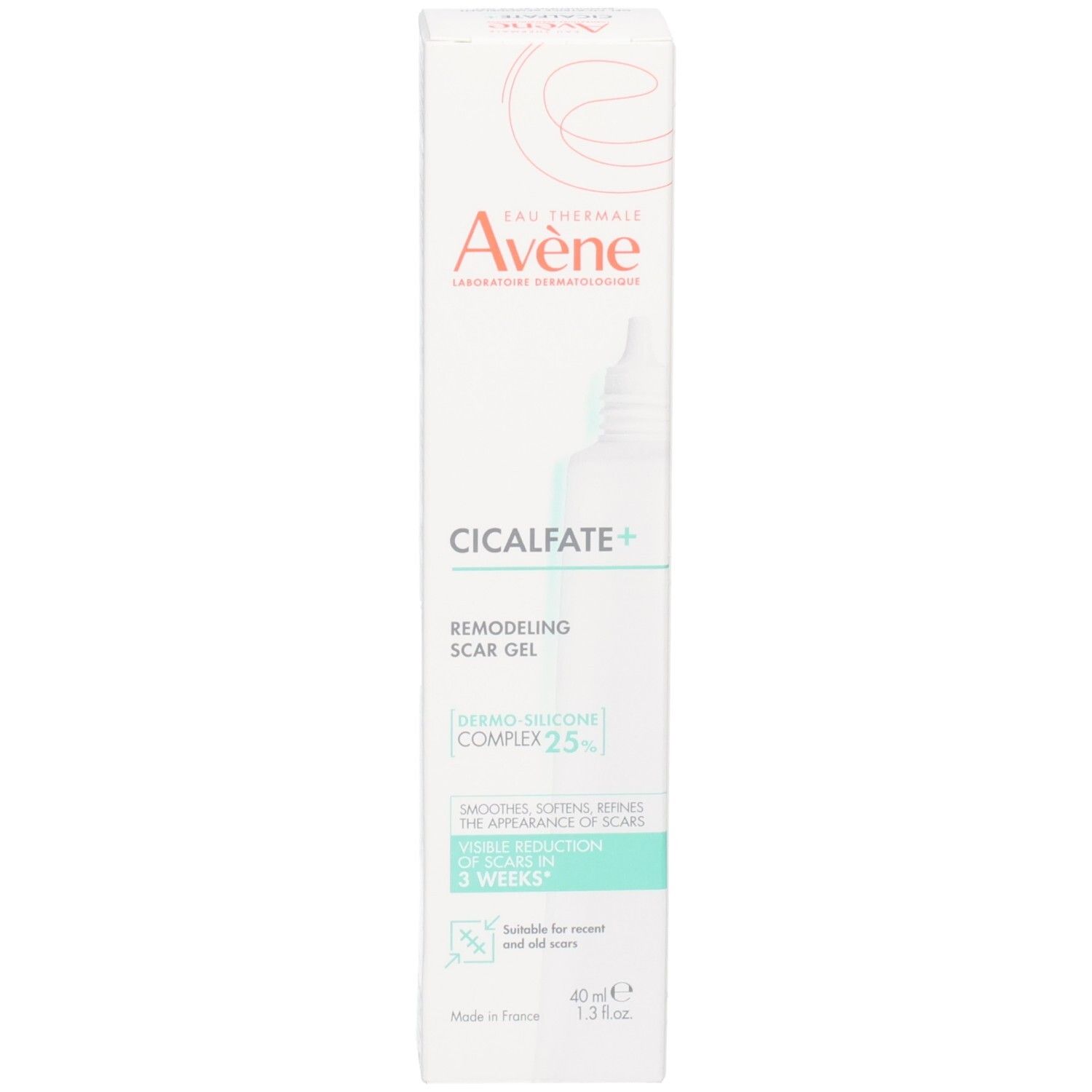 Face avant de la boîte Avène Cicalfate+ Gel Cicatrice, texte mis en avant.