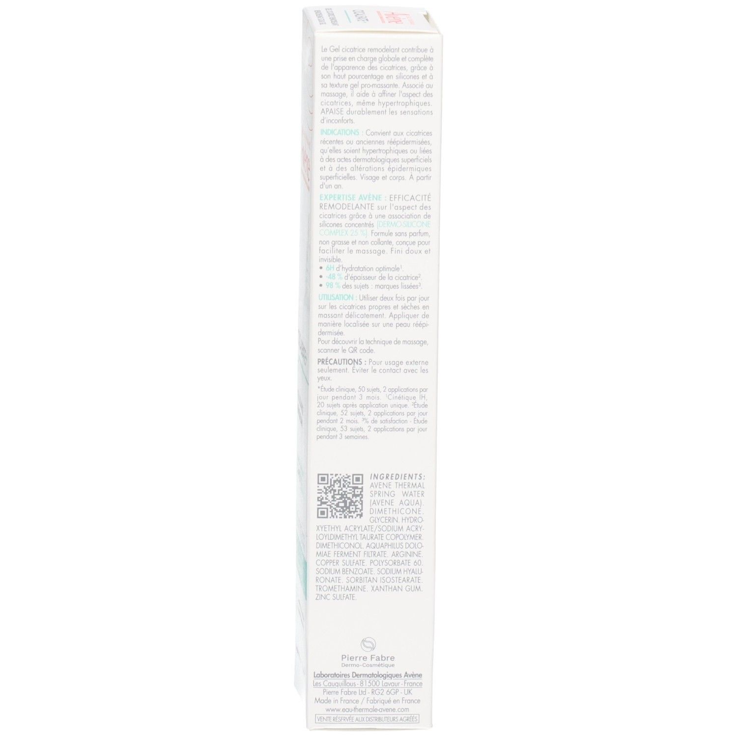 Vue latérale de la boîte Avène Cicalfate+ Gel Cicatrice avec QR code.