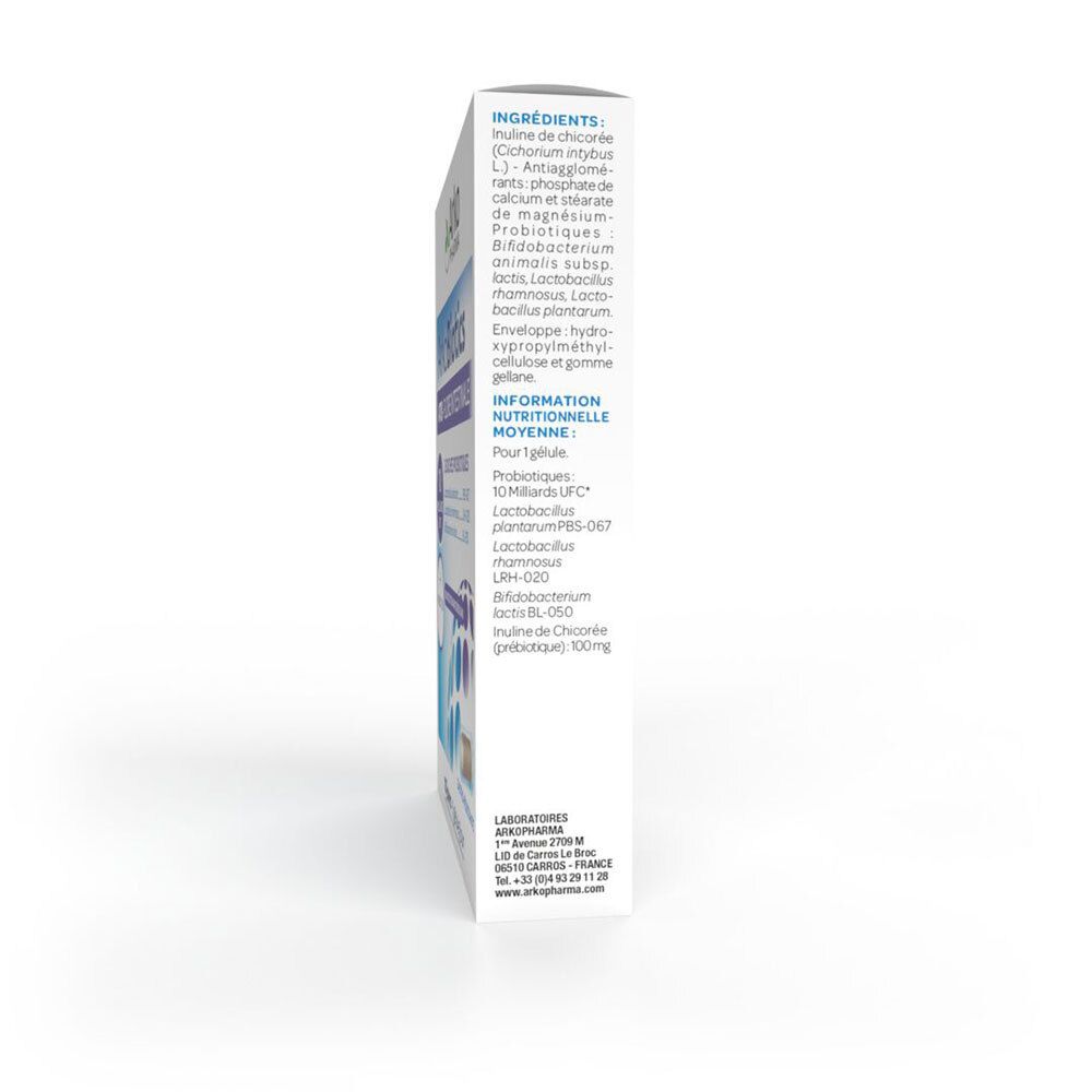 Dos de la boîte avec ingrédients et informations nutritionnelles. Contient 10 gélules. Informations fabricant.