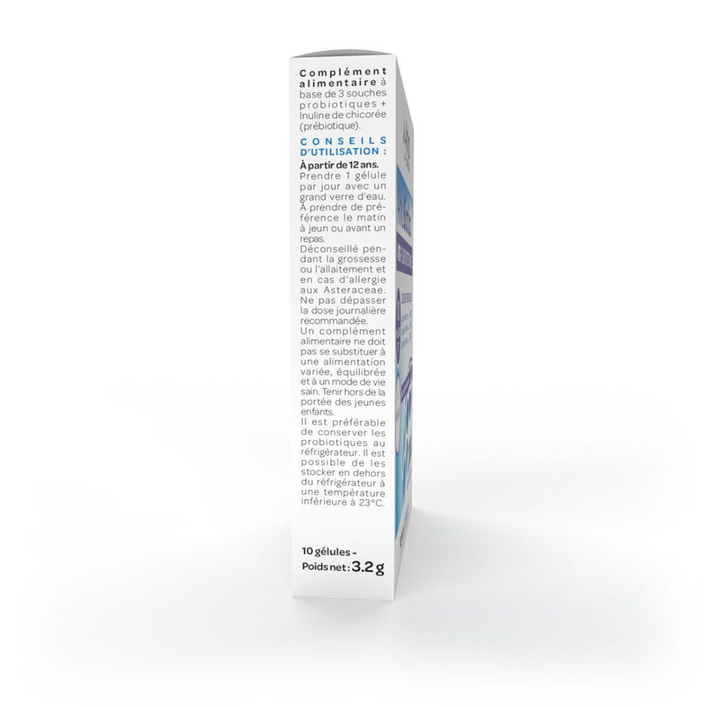 Côté de la boîte avec conseils d'utilisation. 10 gélules. Poids net : 3,2g. Pour enfants dès 12 ans.