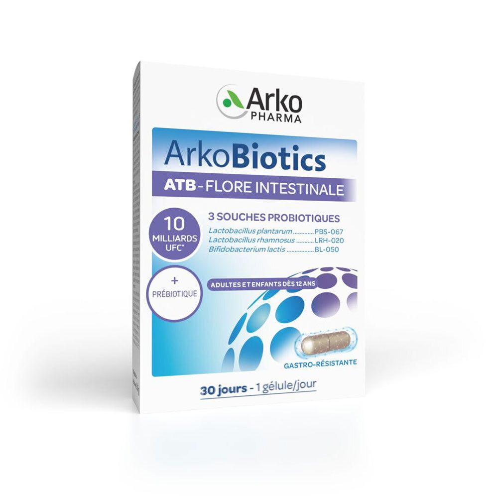 Boîte de Arkobiotics ATB-FLORE INTES GELU30. Contient 30 gélules. Contient des prébiotiques et 10 milliards d'UFC.