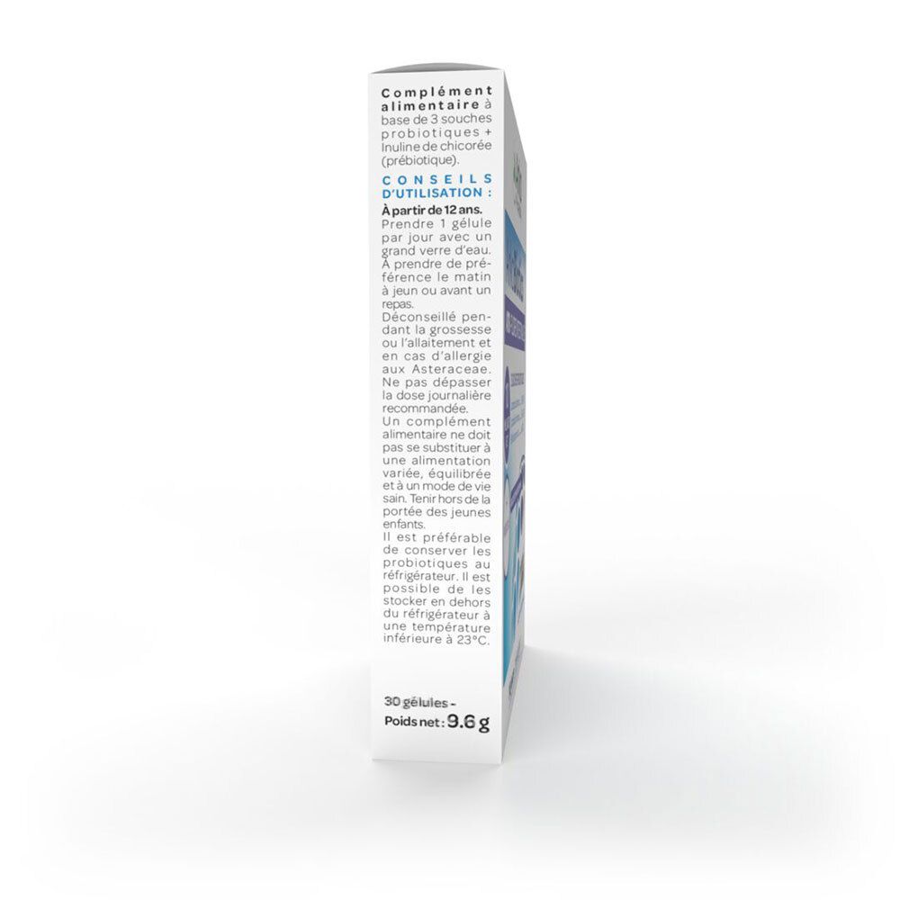 Vue latérale de la boîte avec conseils d'utilisation. Recommandé à partir de 12 ans. Contient 30 gélules.