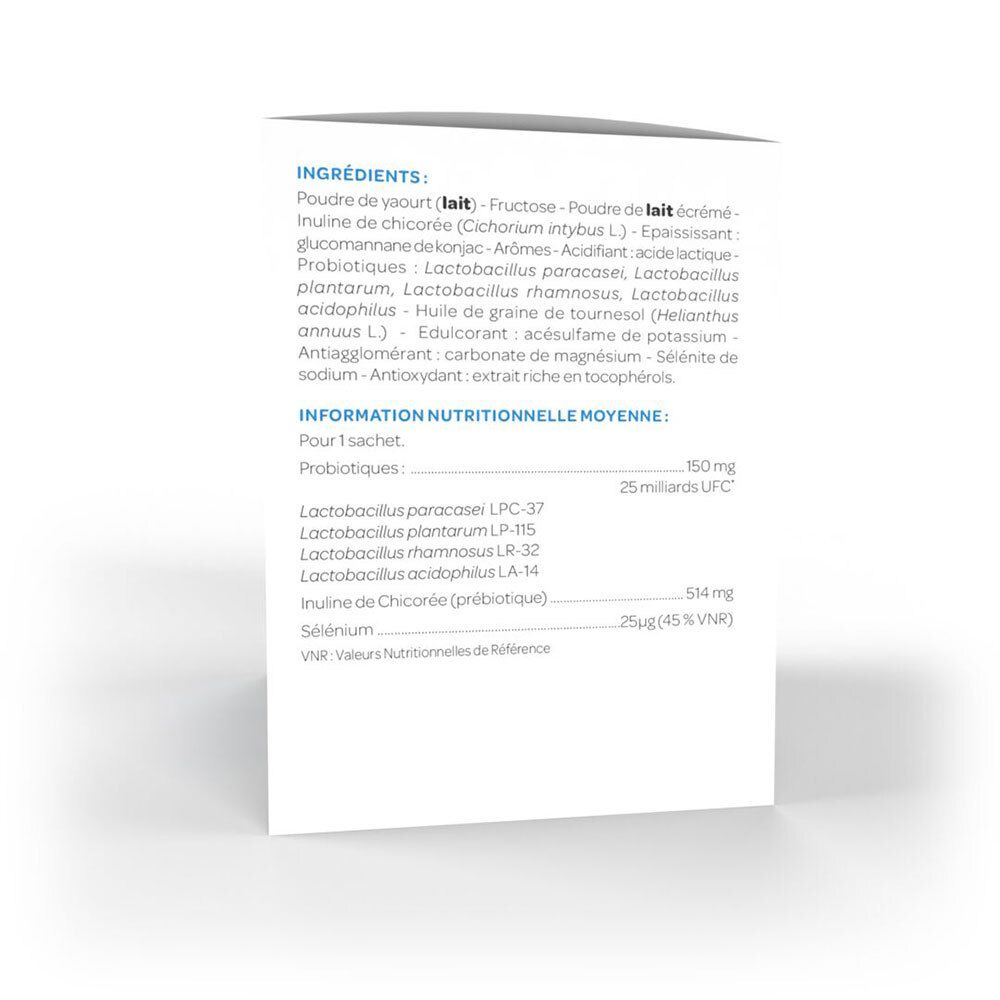 Dos de la boîte. Liste des ingrédients et informations nutritionnelles. Contient probiotiques, inuline, sélénium. Pour 1 sachet.
