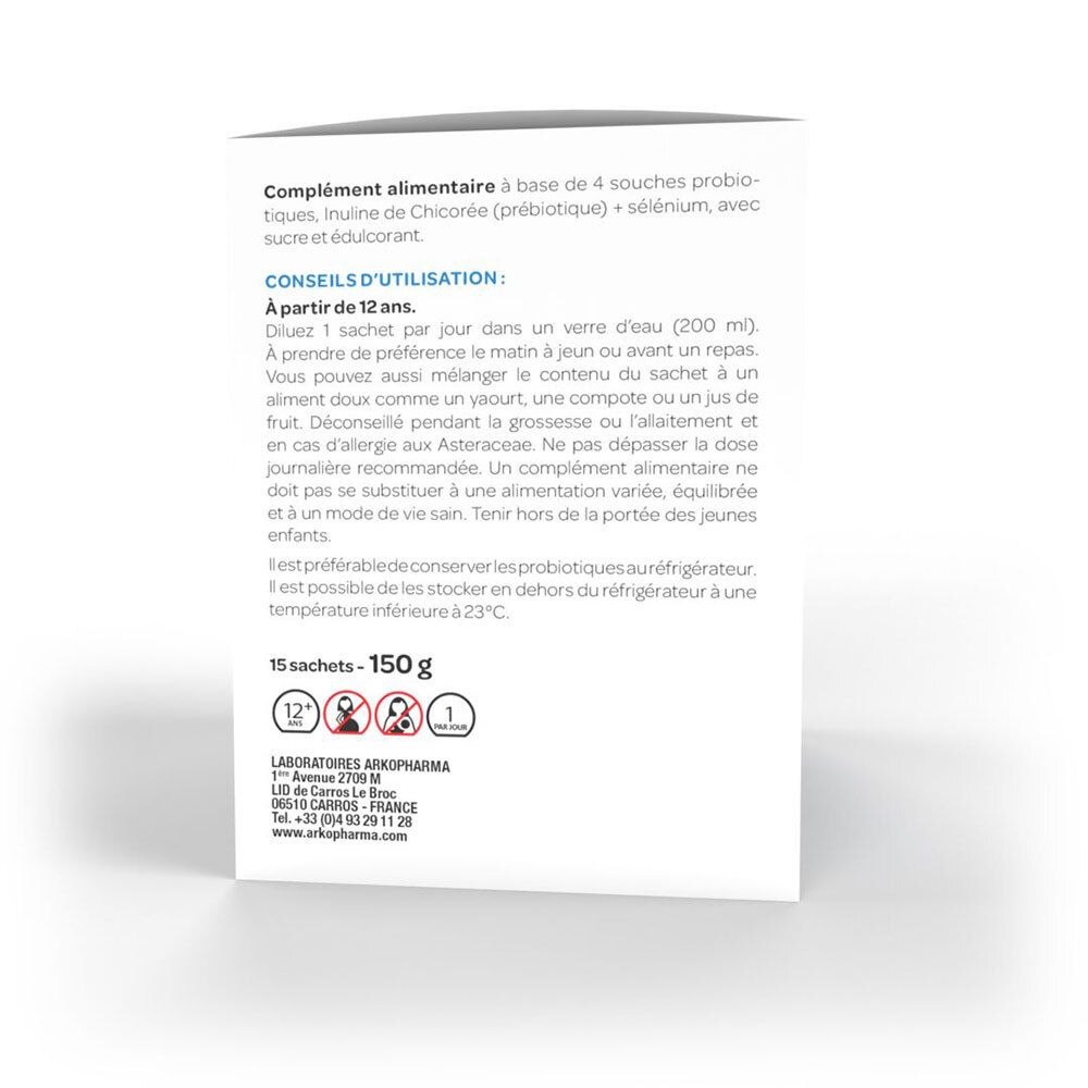 Dos de la boîte. Mode d'emploi : Dès 12 ans. 1 sachet par jour dans l'eau. 15 sachets, 150g. Avertissements et informations fabricant.