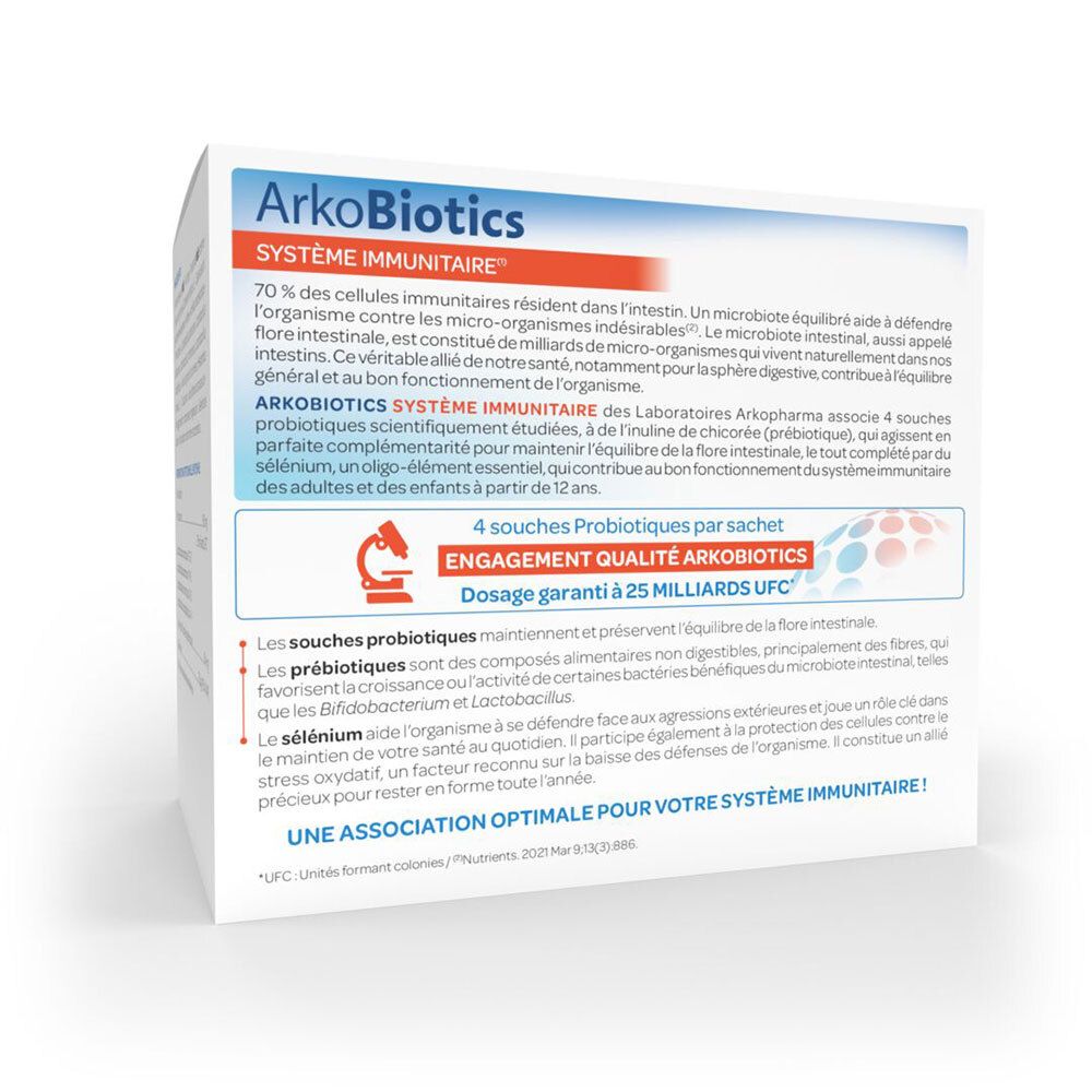 Dos de la boîte. Description du produit. Contient 4 souches probiotiques. 25 milliards d'UFC par sachet. Pour adultes et enfants.