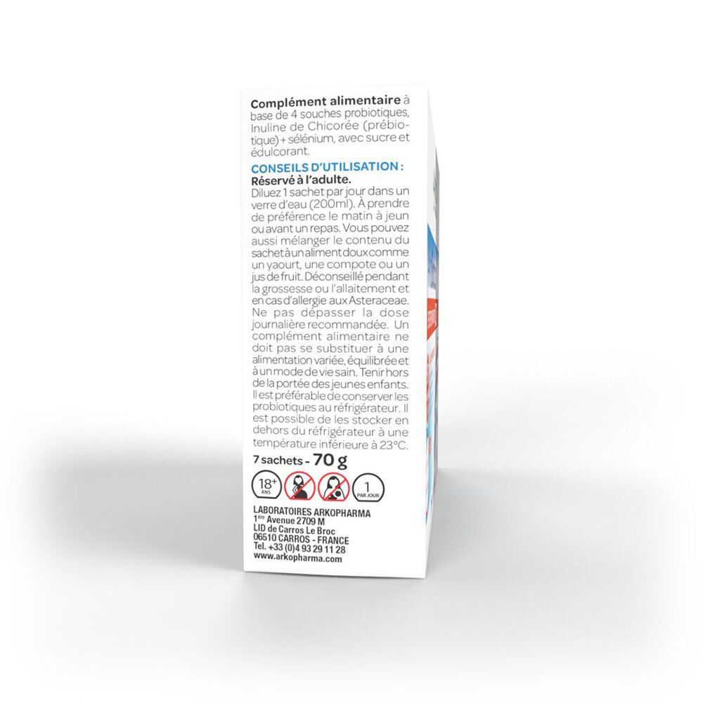 Vue latérale de la boîte. Texte: "Complément alimentaire". Contient 7 sachets. Poids: 70g. Informations fabricant et logo.