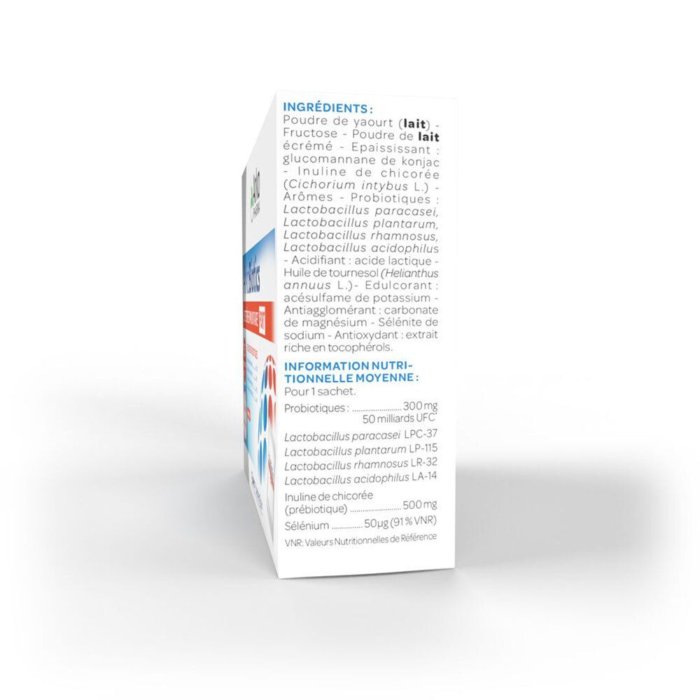 Vue latérale de la boîte. Liste des ingrédients et informations nutritionnelles. Contient probiotiques, prébiotiques et vitamines.