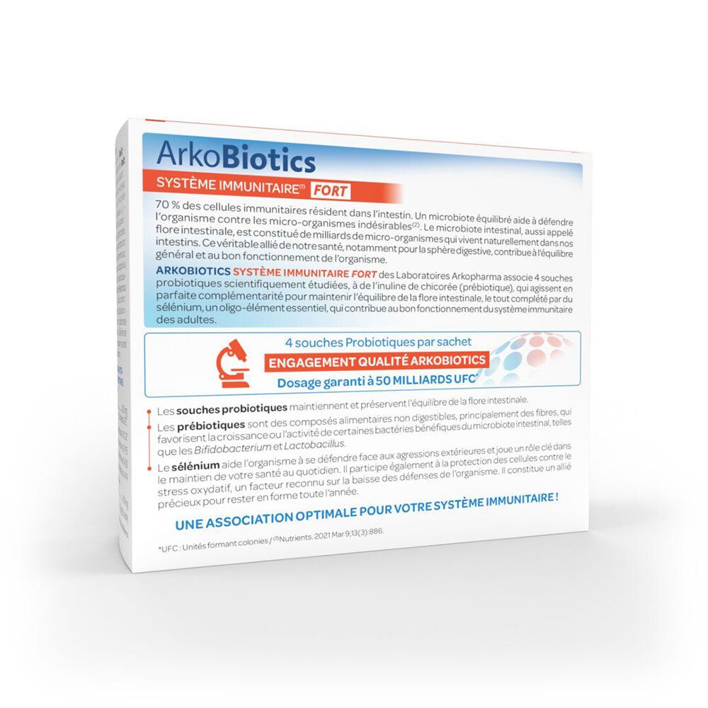 Dos de la boîte. Texte: "SYSTÈME IMMUNITAIRE FORT". Contient 4 souches probiotiques. Informations qualité et dosage.