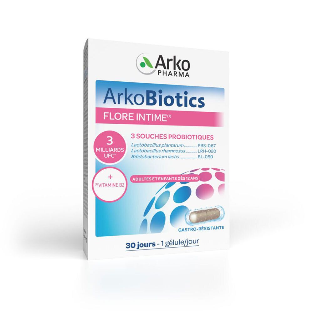 Boîte Arkobiotics Flore Intime. Blanche, informations produit et logo. Contient 30 gélules.