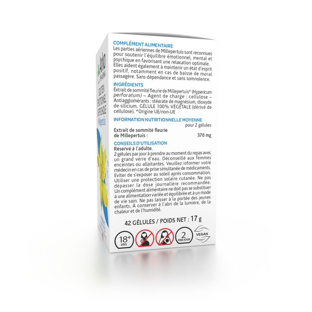 Dos de la boîte avec informations sur Arkogélules Millepertuis. Texte en français.