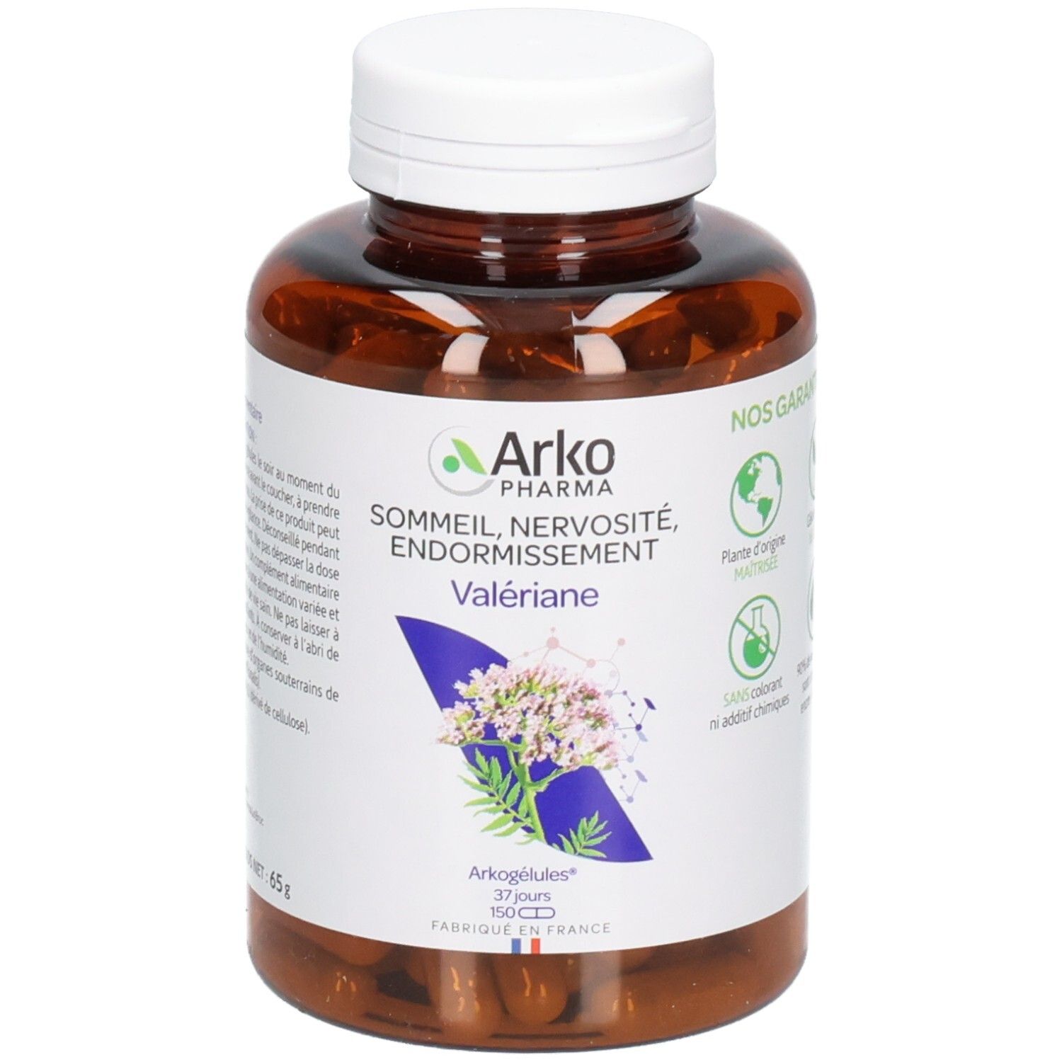 Flacon brun avec bouchon blanc. Étiquette avec informations produit et logo ArkoPharma. Gélules de Valériane.