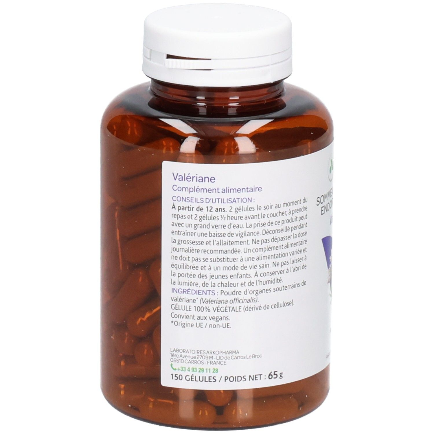 Dos d'un flacon brun avec bouchon blanc. Étiquette avec informations produit et ingrédients. Gélules de Valériane.