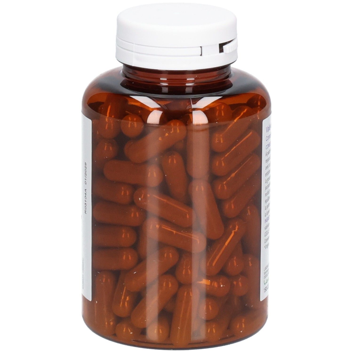 Gélules brunes dans un flacon brun avec bouchon blanc. Flacon transparent.