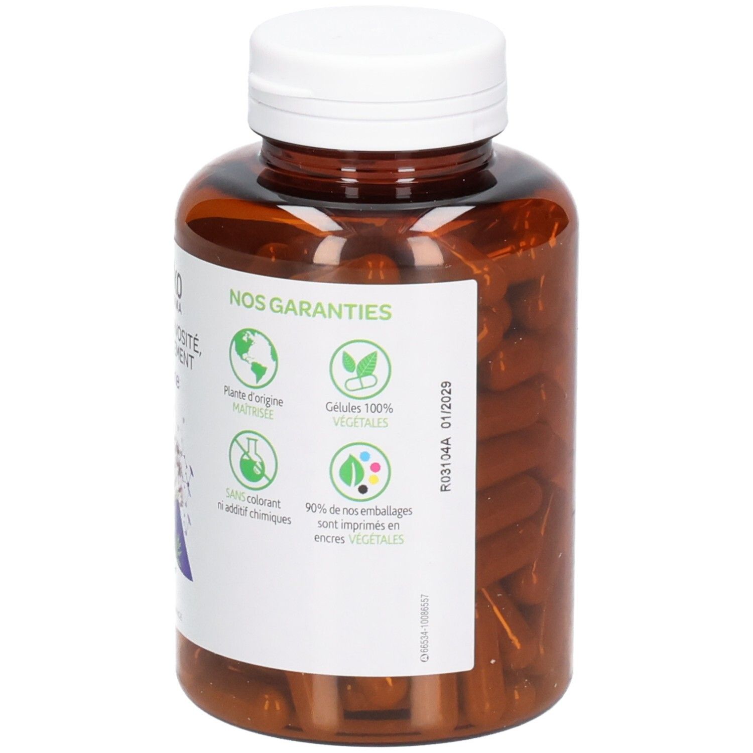 Dos d'un flacon brun avec bouchon blanc. Étiquette avec garanties et logos. Gélules de Valériane.