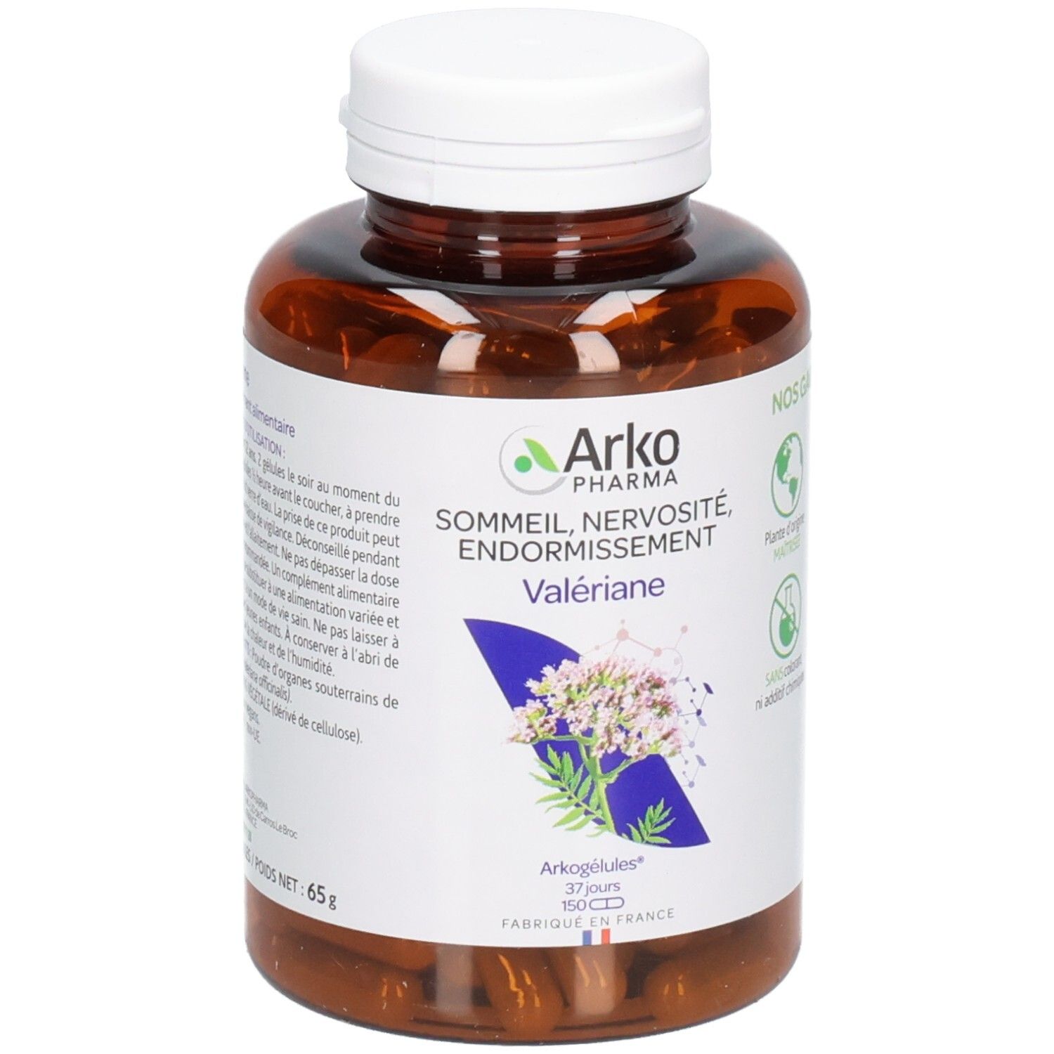 Flacon brun avec bouchon blanc. Étiquette avec informations produit et logo ArkoPharma. Gélules de Valériane.