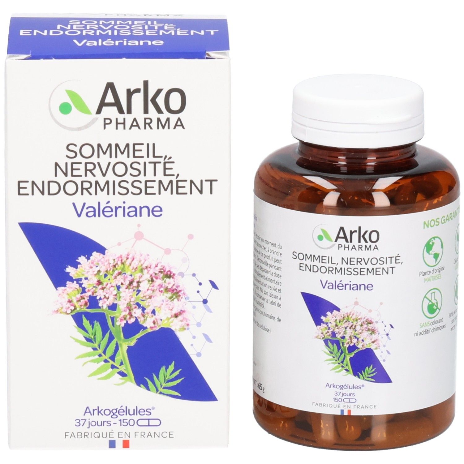 Emballage et flacon. Emballage et flacon avec logo ArkoPharma. Gélules de Valériane.