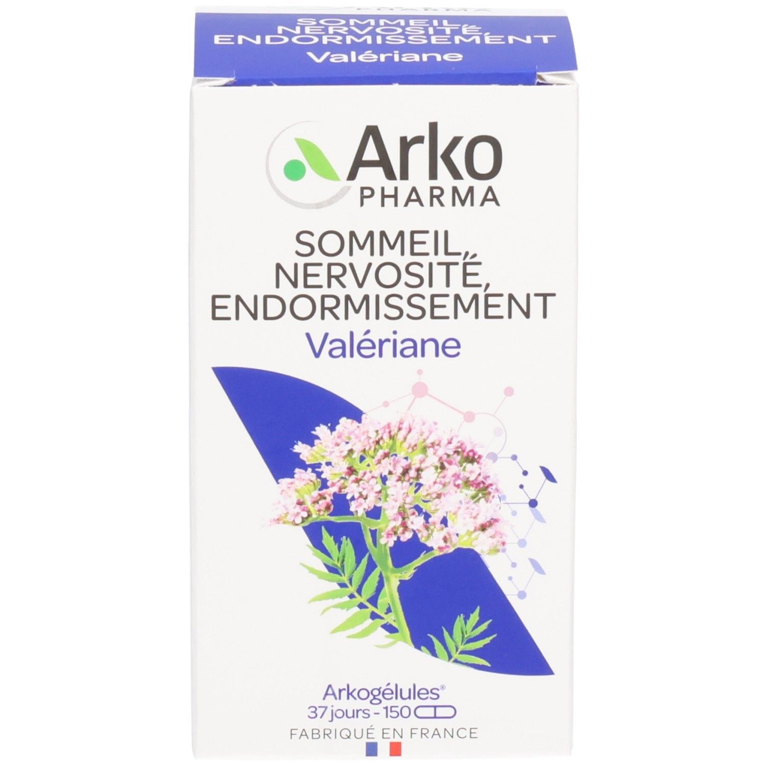 Emballage du produit. Emballage avec logo ArkoPharma. Gélules de Valériane.