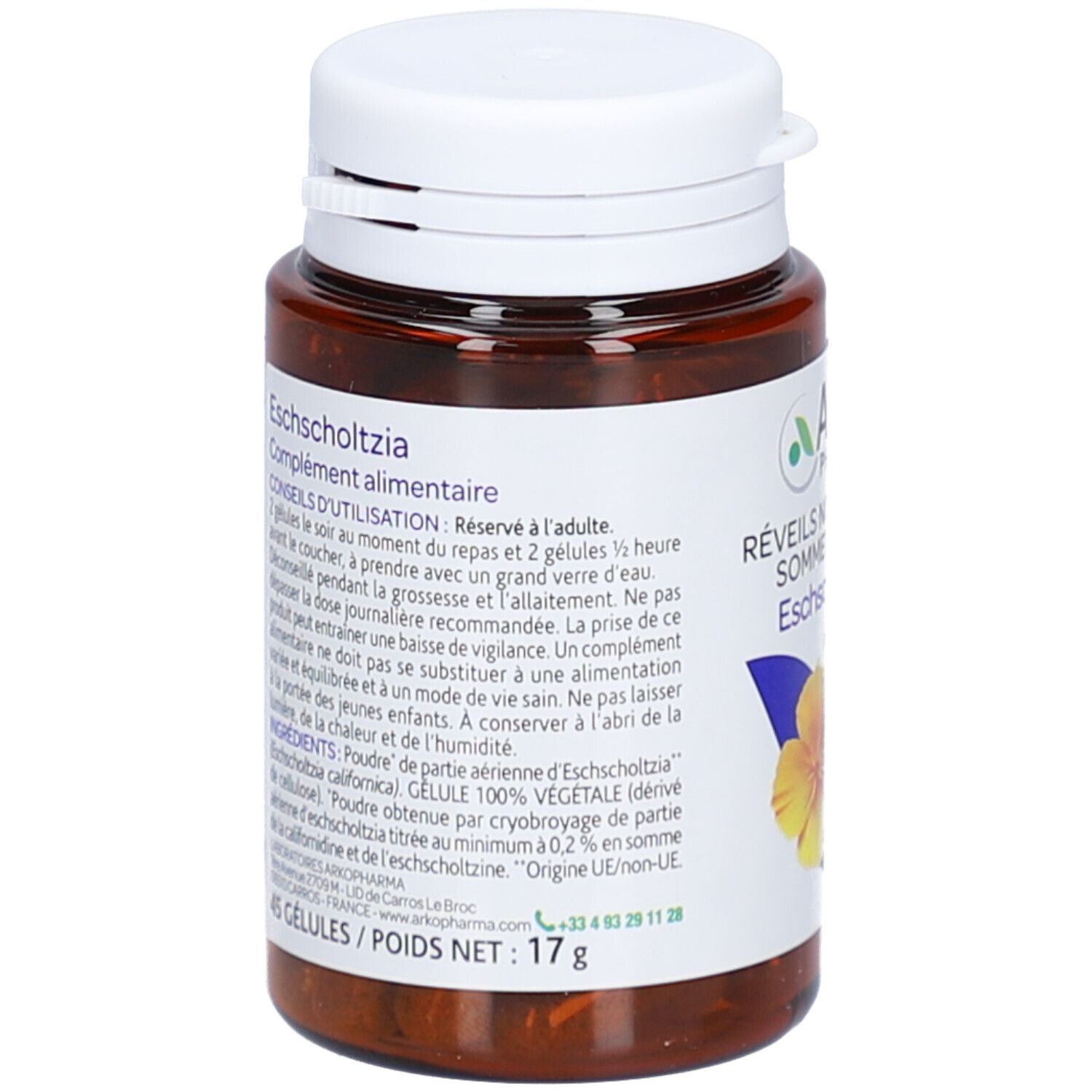 Flacon brun avec bouchon blanc. Texte au dos. Contient 45 gélules. Poids net 17g.
