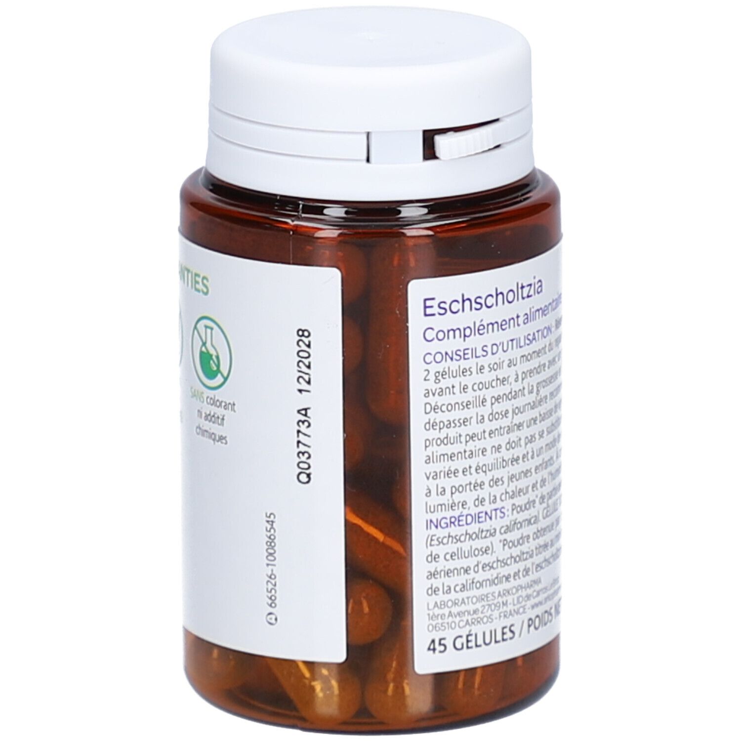 Flacon brun avec bouchon blanc. Étiquette avec date de péremption. 45 gélules. Gélules visibles.