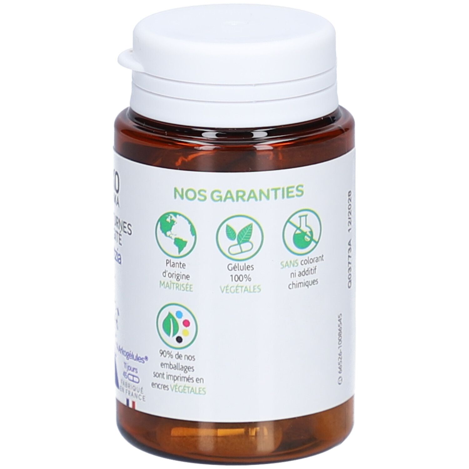 Flacon brun avec bouchon blanc. Étiquette avec logos: plante, gélules végétales, sans colorants.