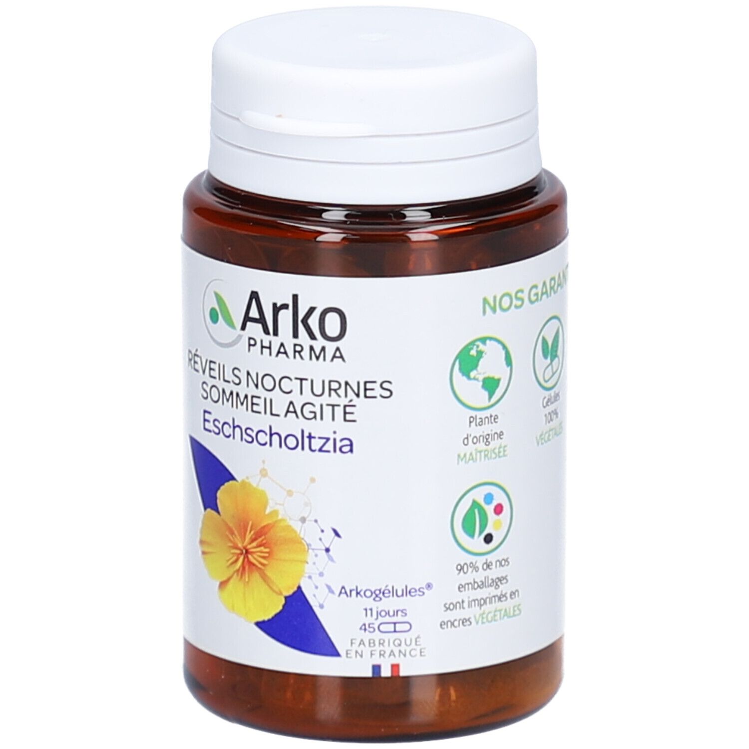 Flacon brun avec bouchon blanc. Étiquette avec logo, nom du produit et fleur. 45 gélules.