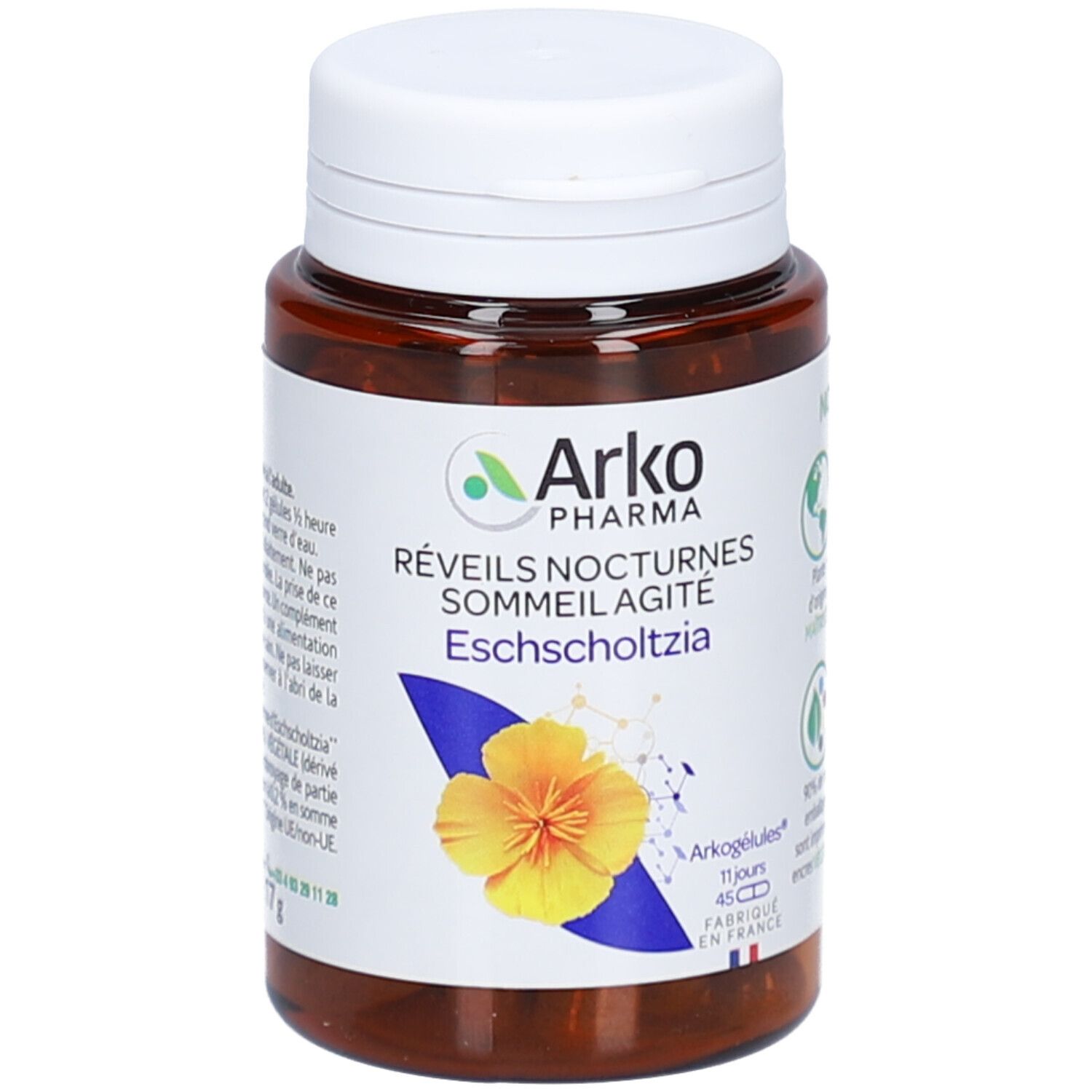Flacon brun avec bouchon blanc. Étiquette avec logo, nom du produit et fleur. 45 gélules.