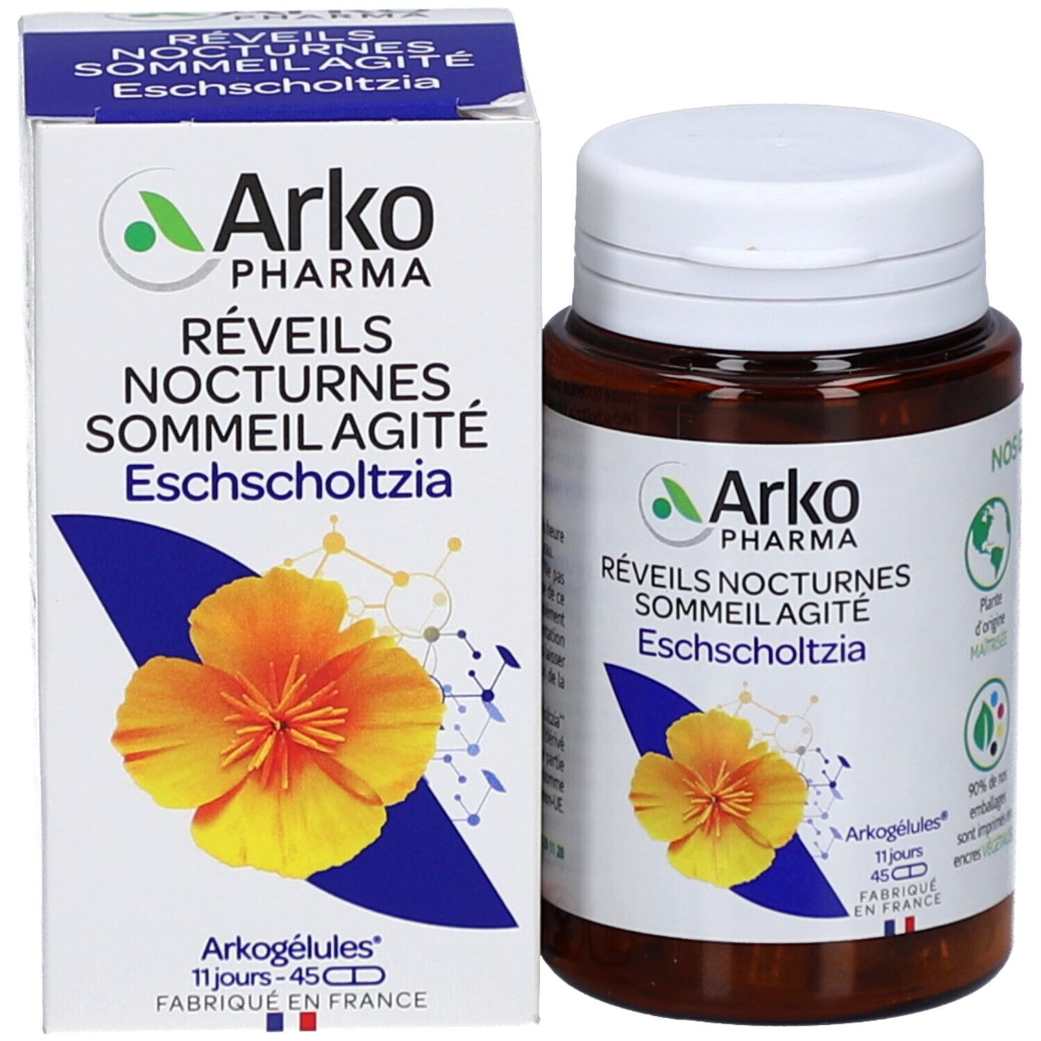 Flacon et boîte du produit. Boîte avec logo, nom du produit et fleur. Flacon avec 45 gélules.