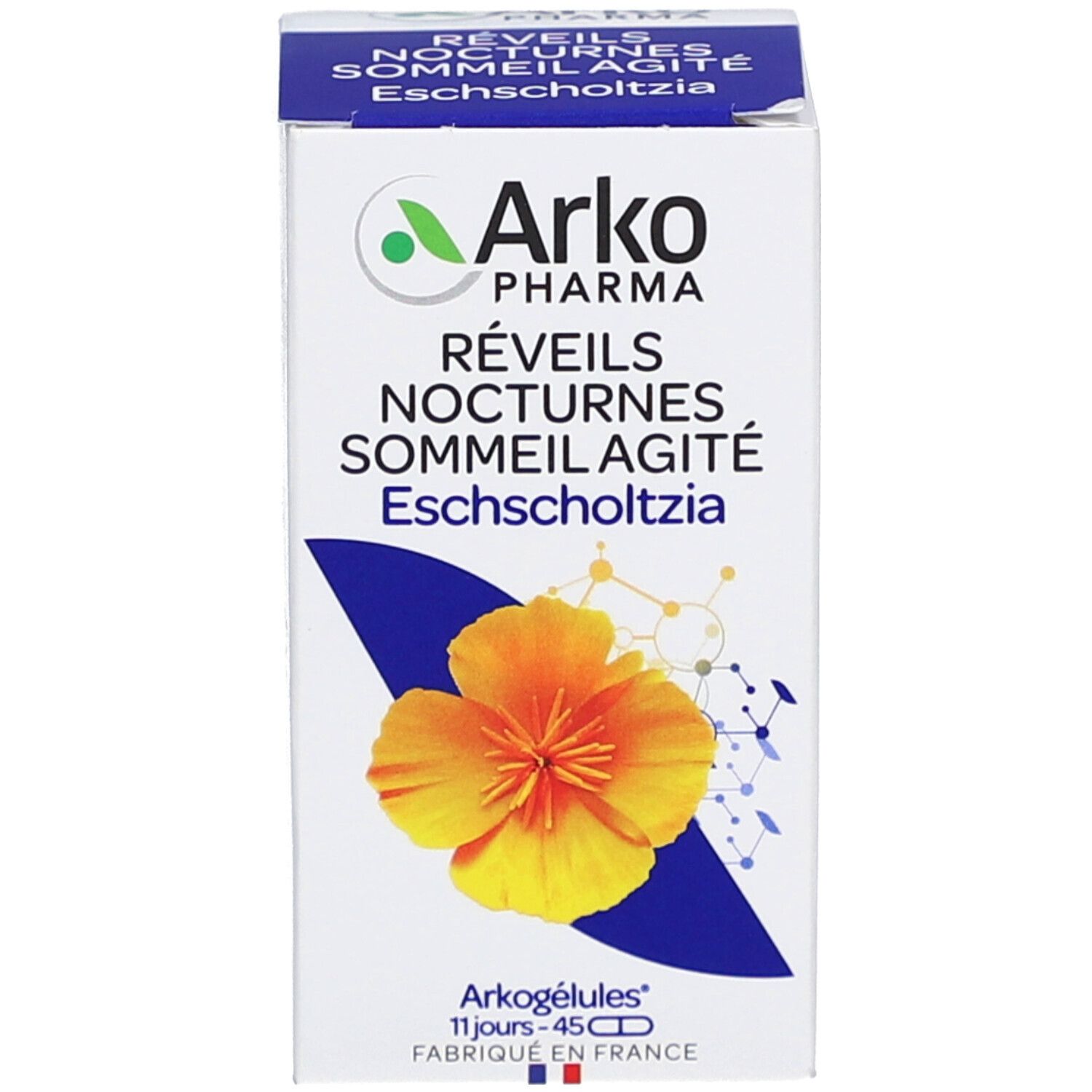 Emballage du produit. Boîte avec logo, nom du produit et fleur. Contient 45 gélules.